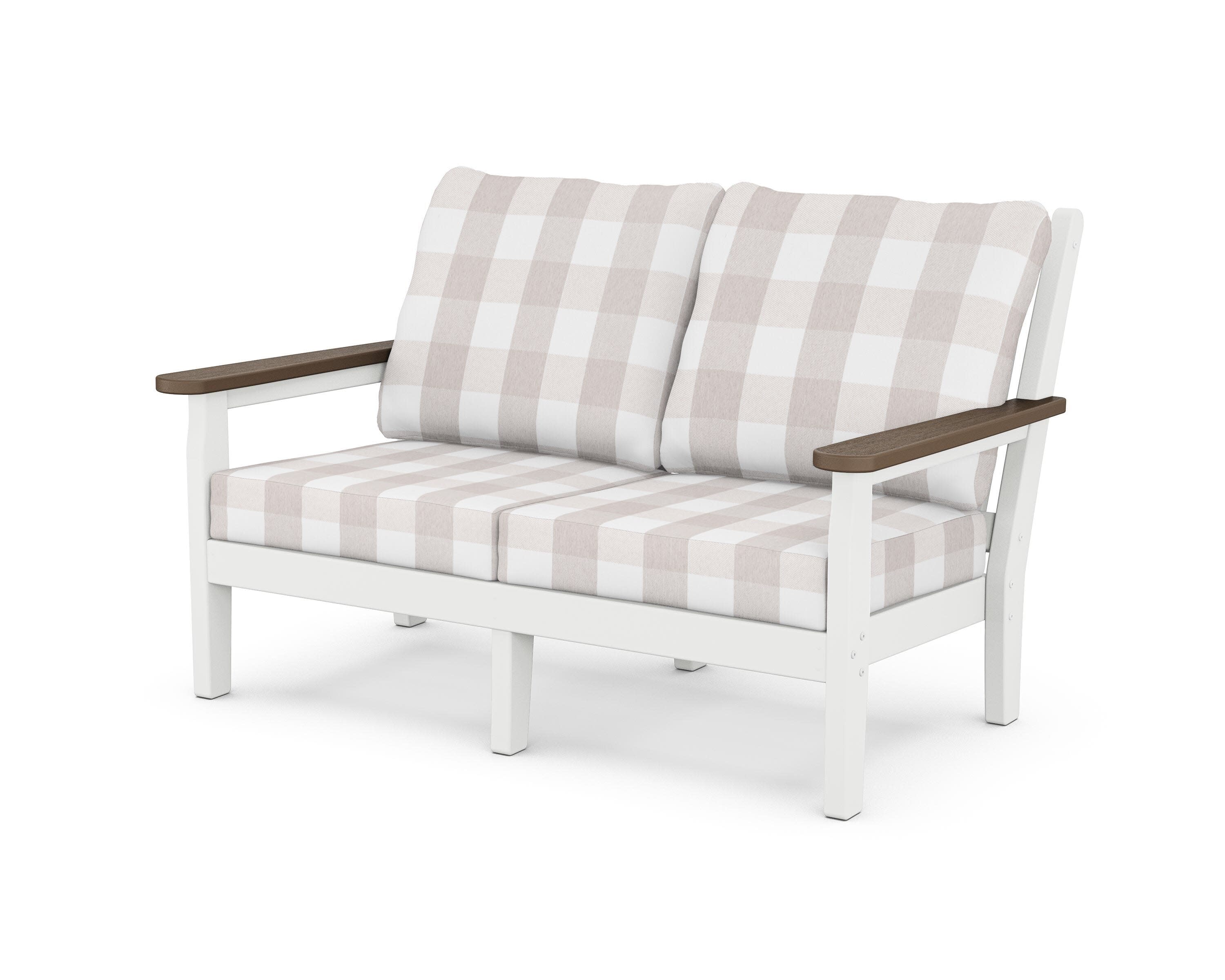 Chippendale Deep Seating Loveseat in White / Kona / Buffalo Plaid Dune Burlap