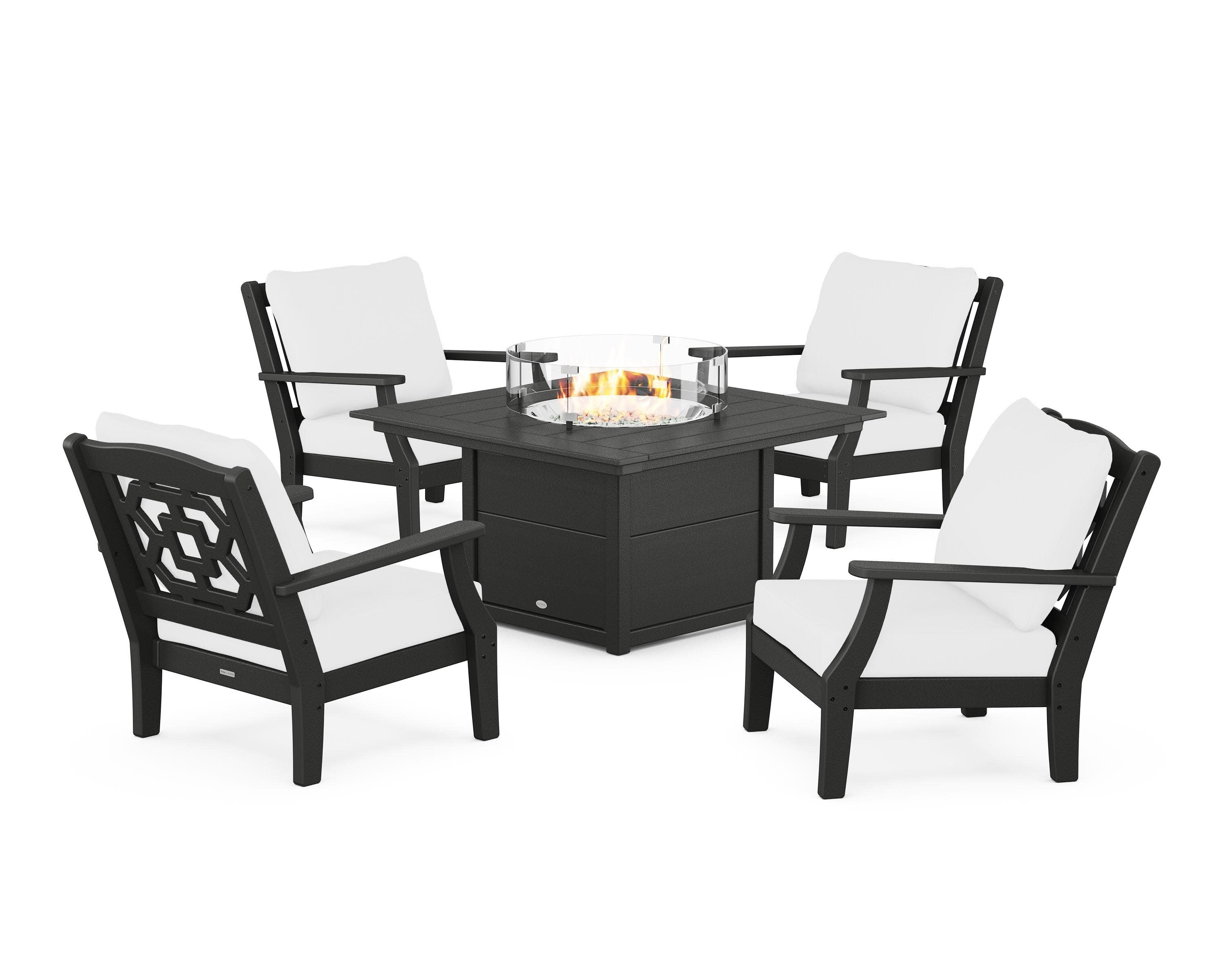Chinoiserie 5-Piece Deep Seating Set with Fire Pit Table in Black / Natural