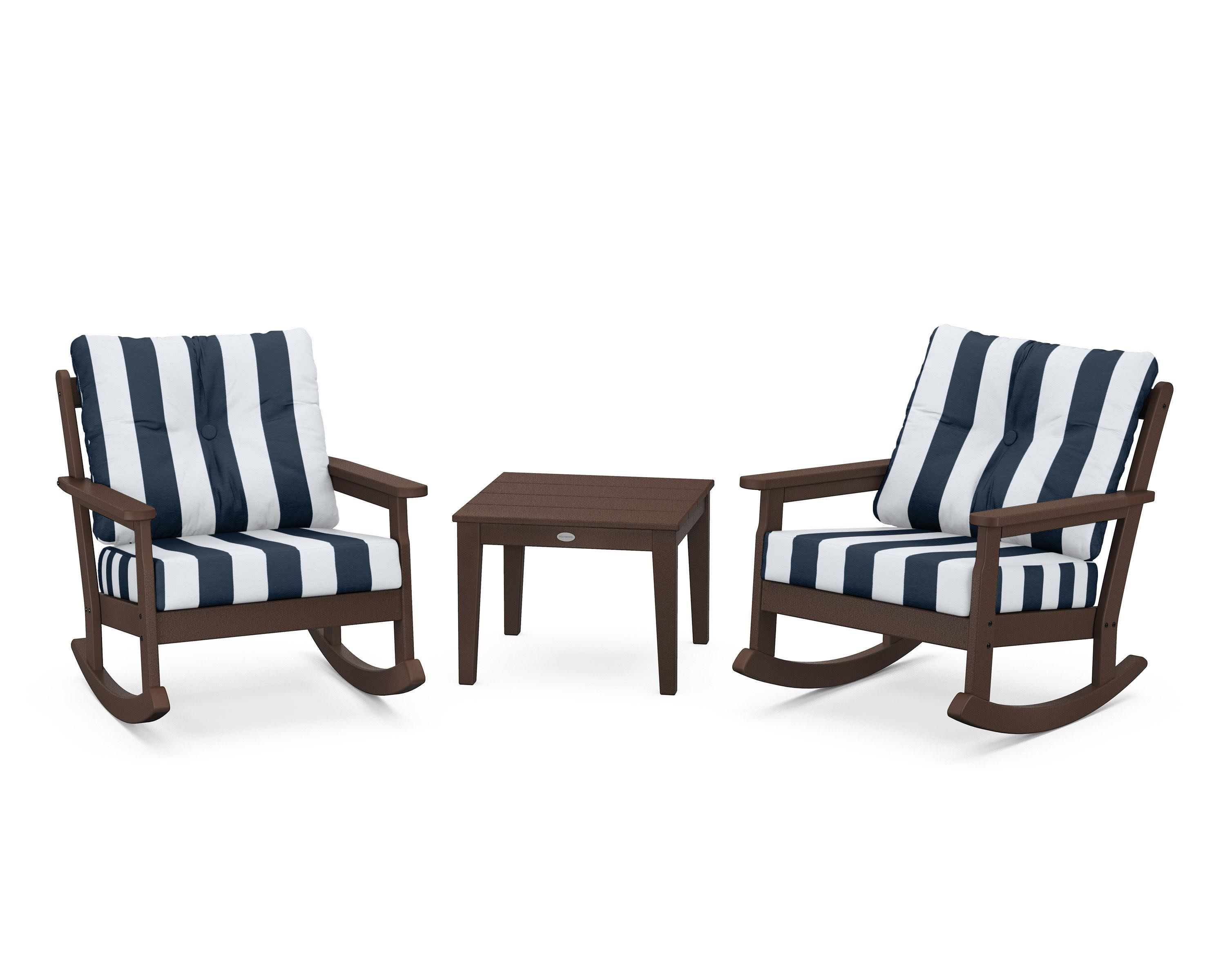 Vineyard 3-Piece Deep Seating Rocker Set in Mahogany / Cabana Stripe Marine Indigo