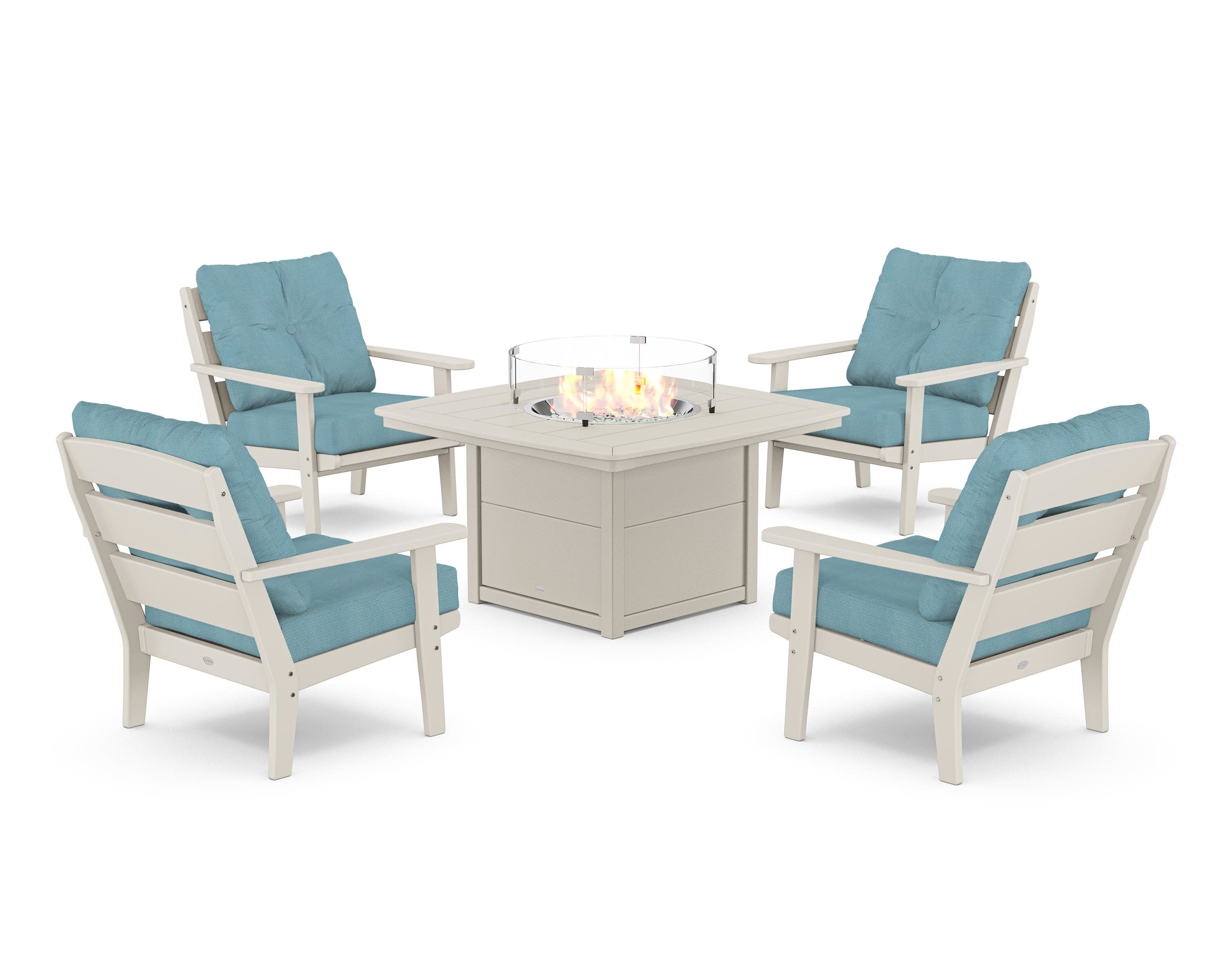 Lakeside 5-Piece Deep Seating Set with Nautical Fire Pit Table in Sand / Lattice Sky Blue