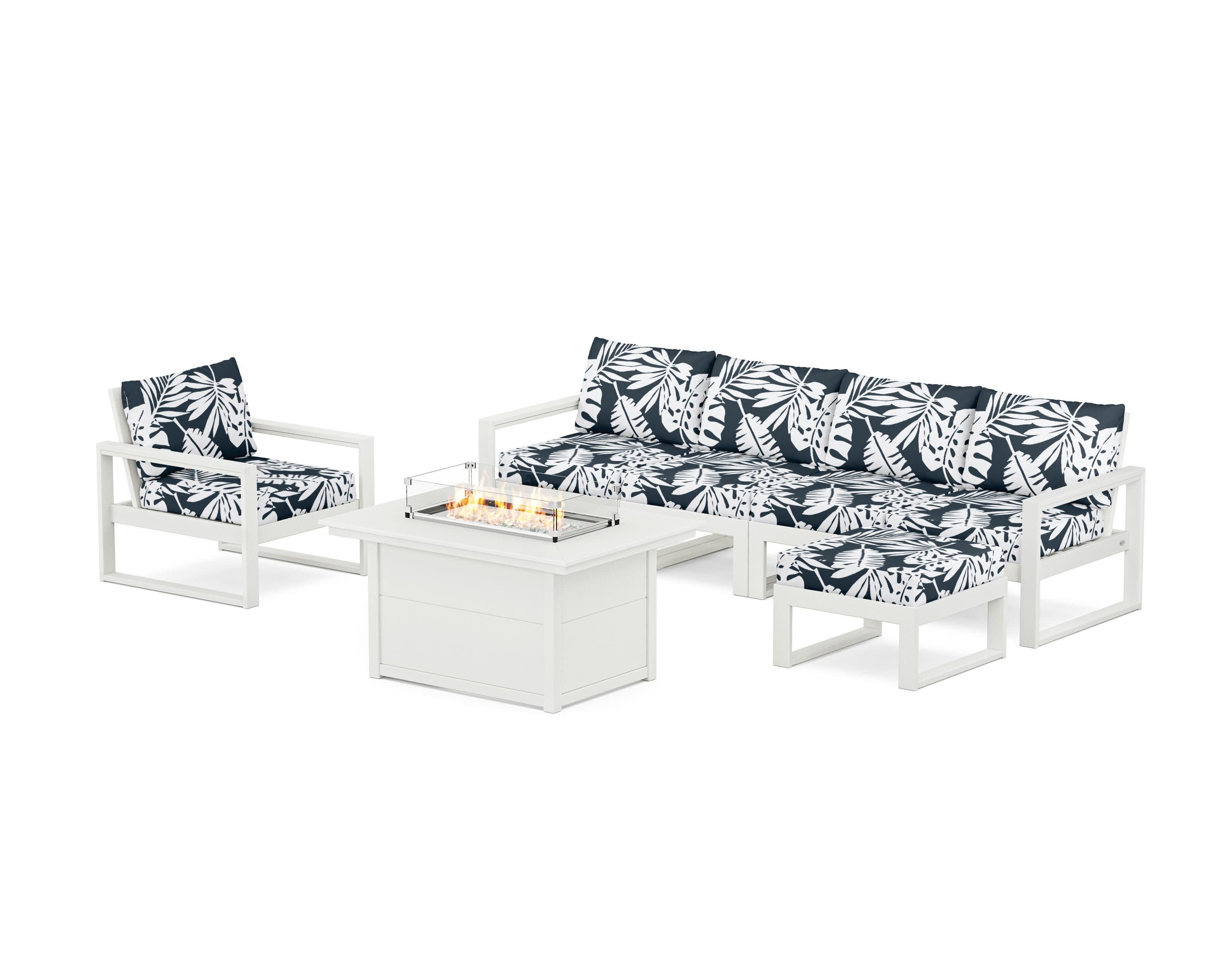 EDGE Sectional Lounge and Fire Pit Set in Vintage White / Leaf Marine Indigo