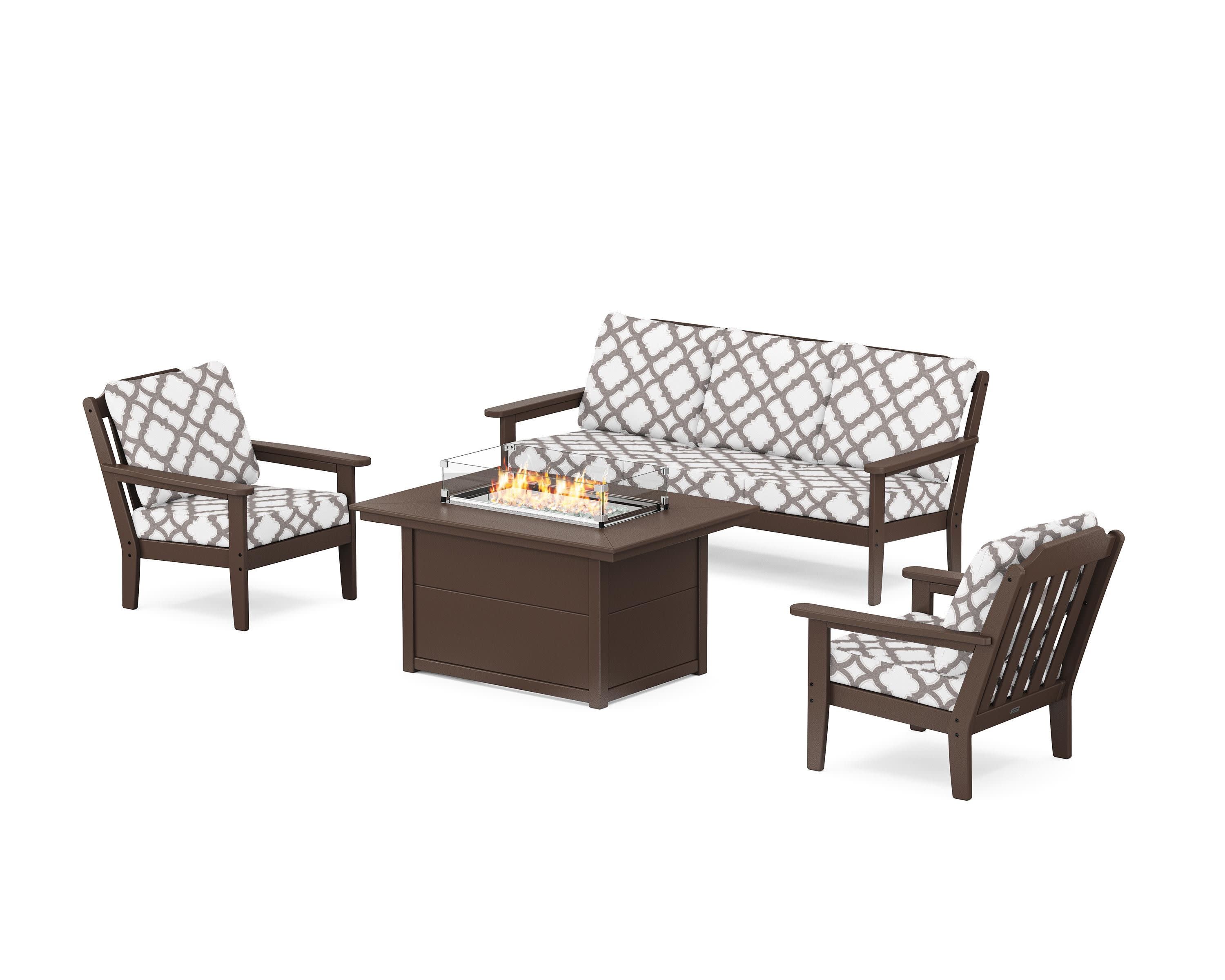 Cottage Deep Seating Fire Pit Table Set in Mahogany / Trellis Grey Mist