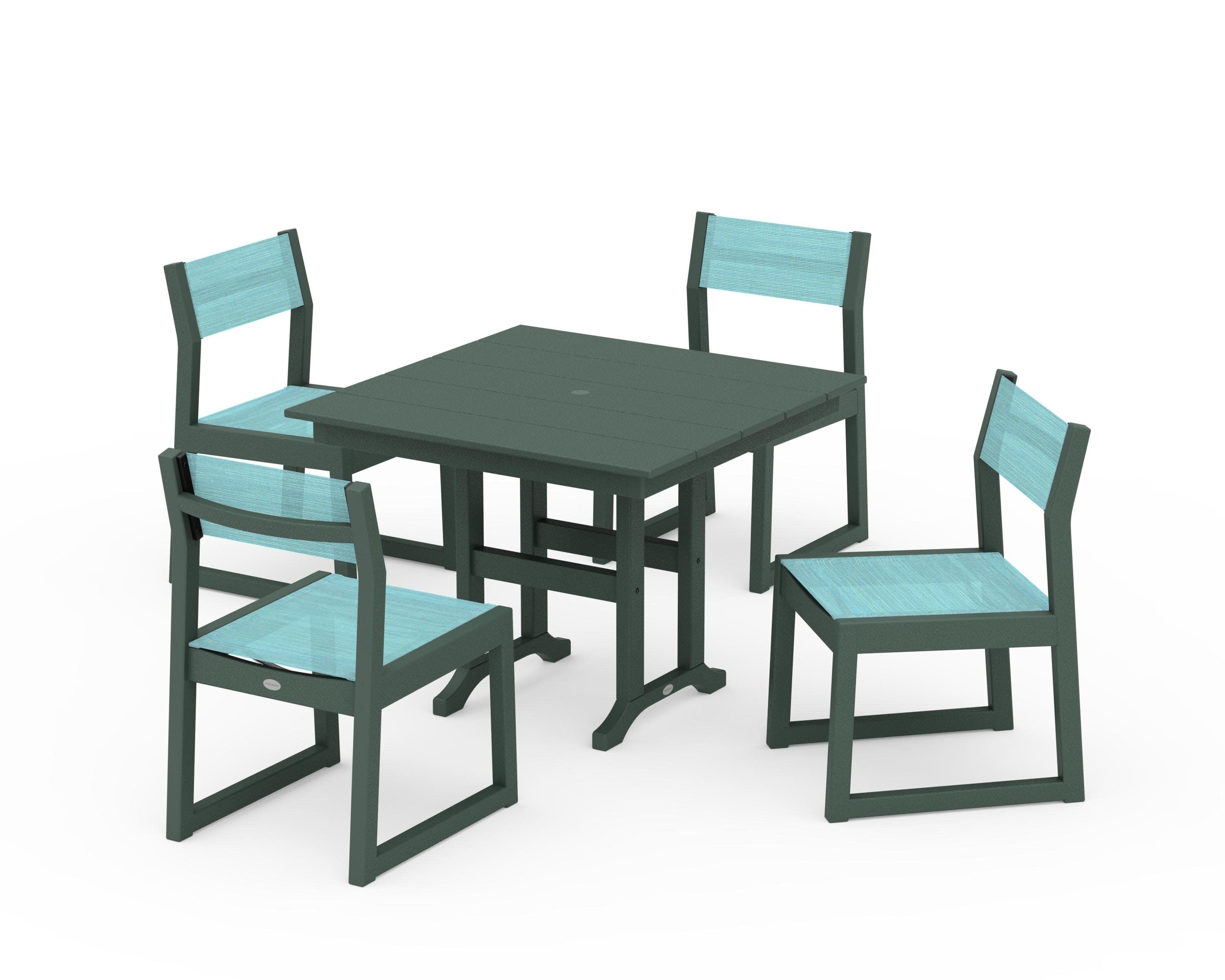 EDGE Sling Side Chair 5-Piece Farmhouse Dining Set in Green / Dupioni Aquamarine Sling
