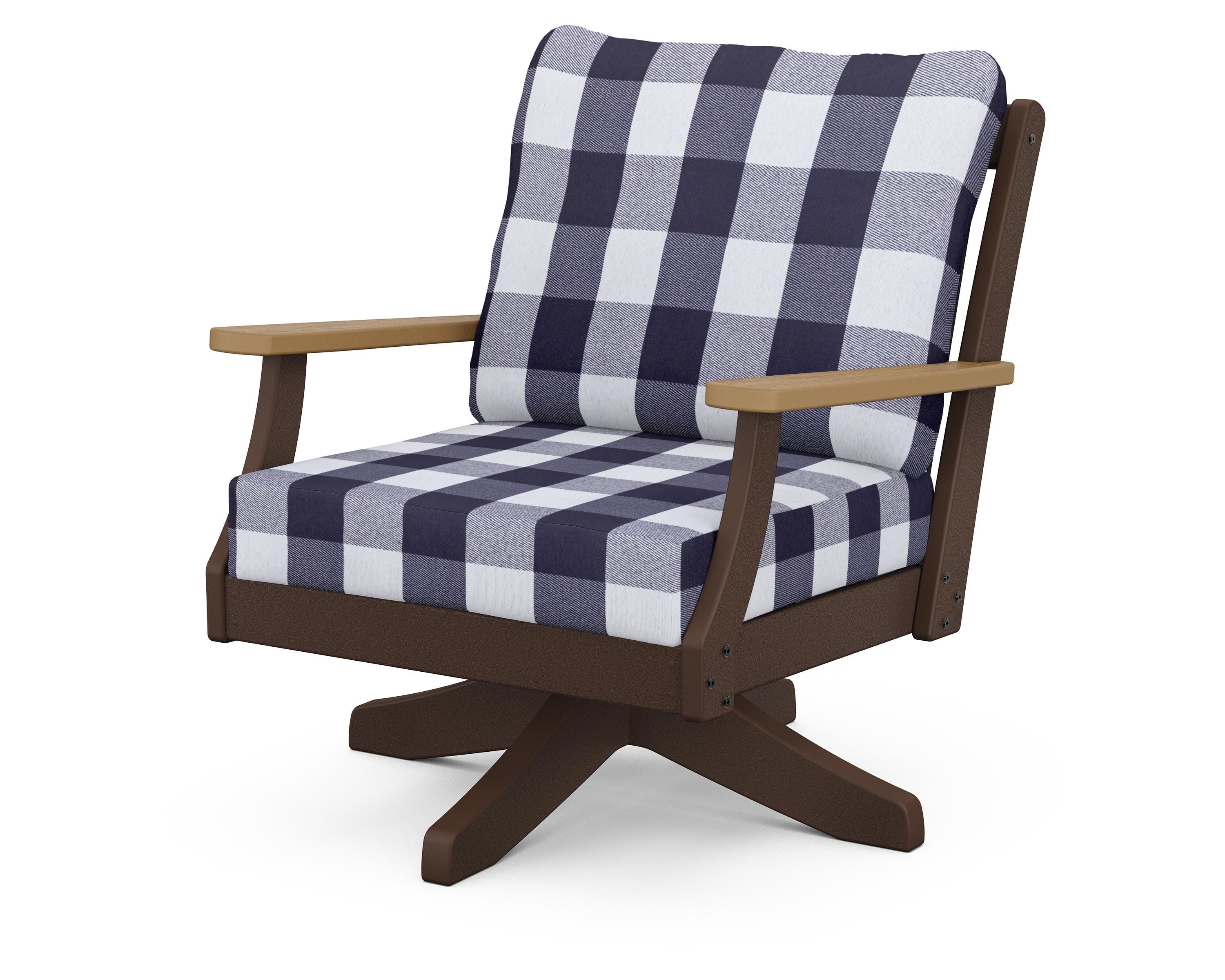 Braxton Deep Seating Swivel Chair in Mahogany / Natural / Buffalo Plaid Navy