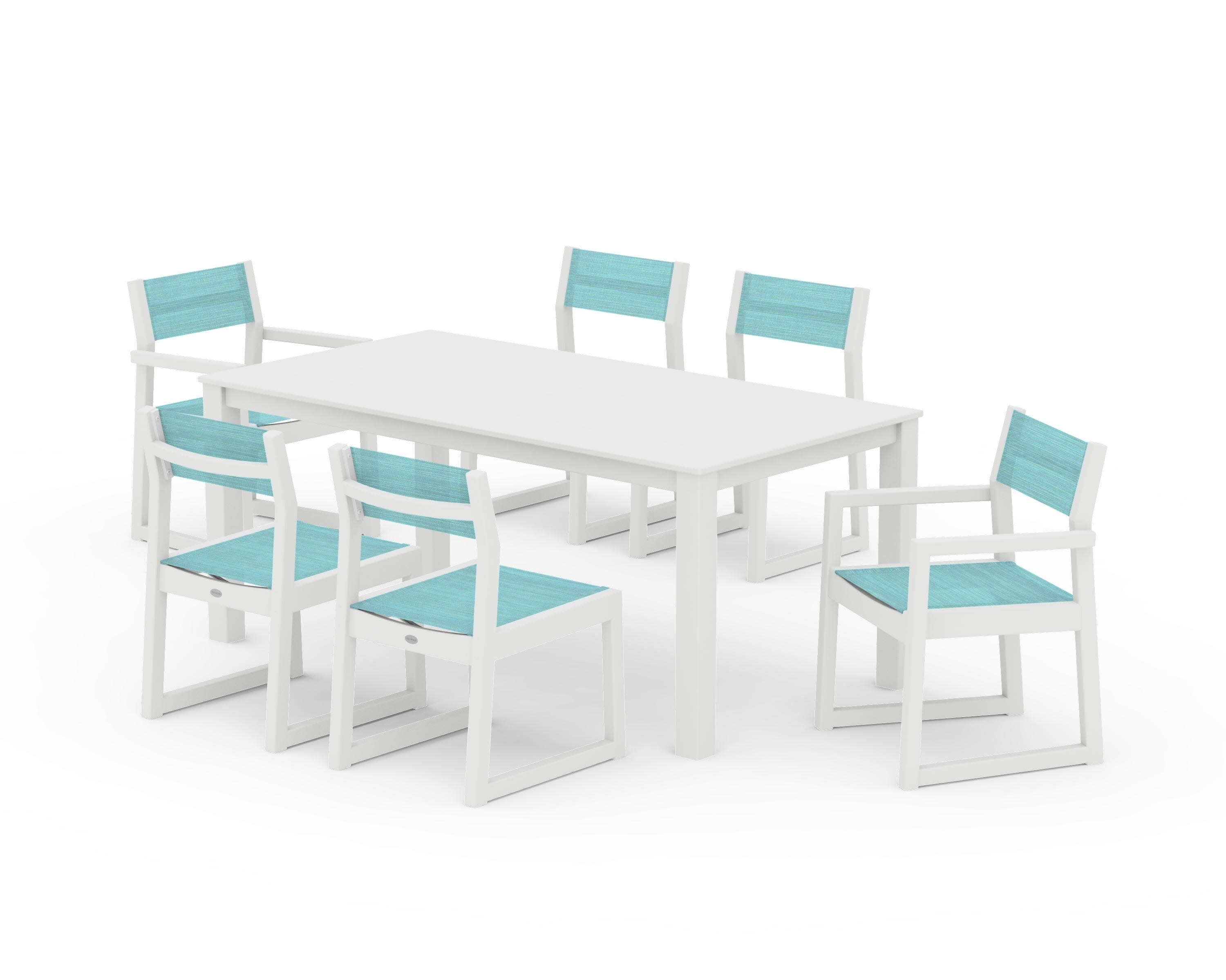 EDGE Sling 7-Piece Parsons Dining Set in White / Dupioni Aquamarine Sling