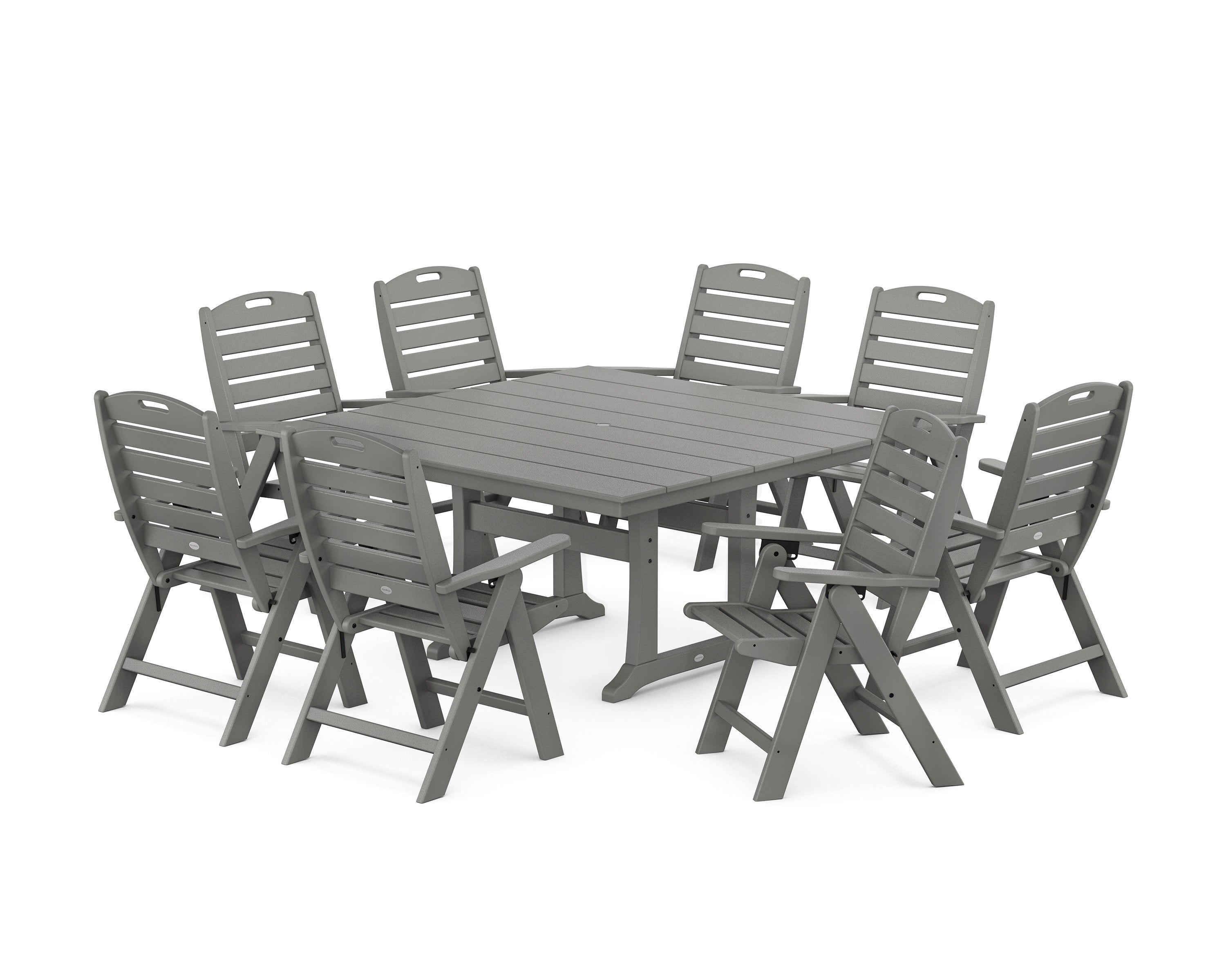 Nautical Highback 9-Piece Square Farmhouse Dining Set with Trestle Legs in Slate Grey