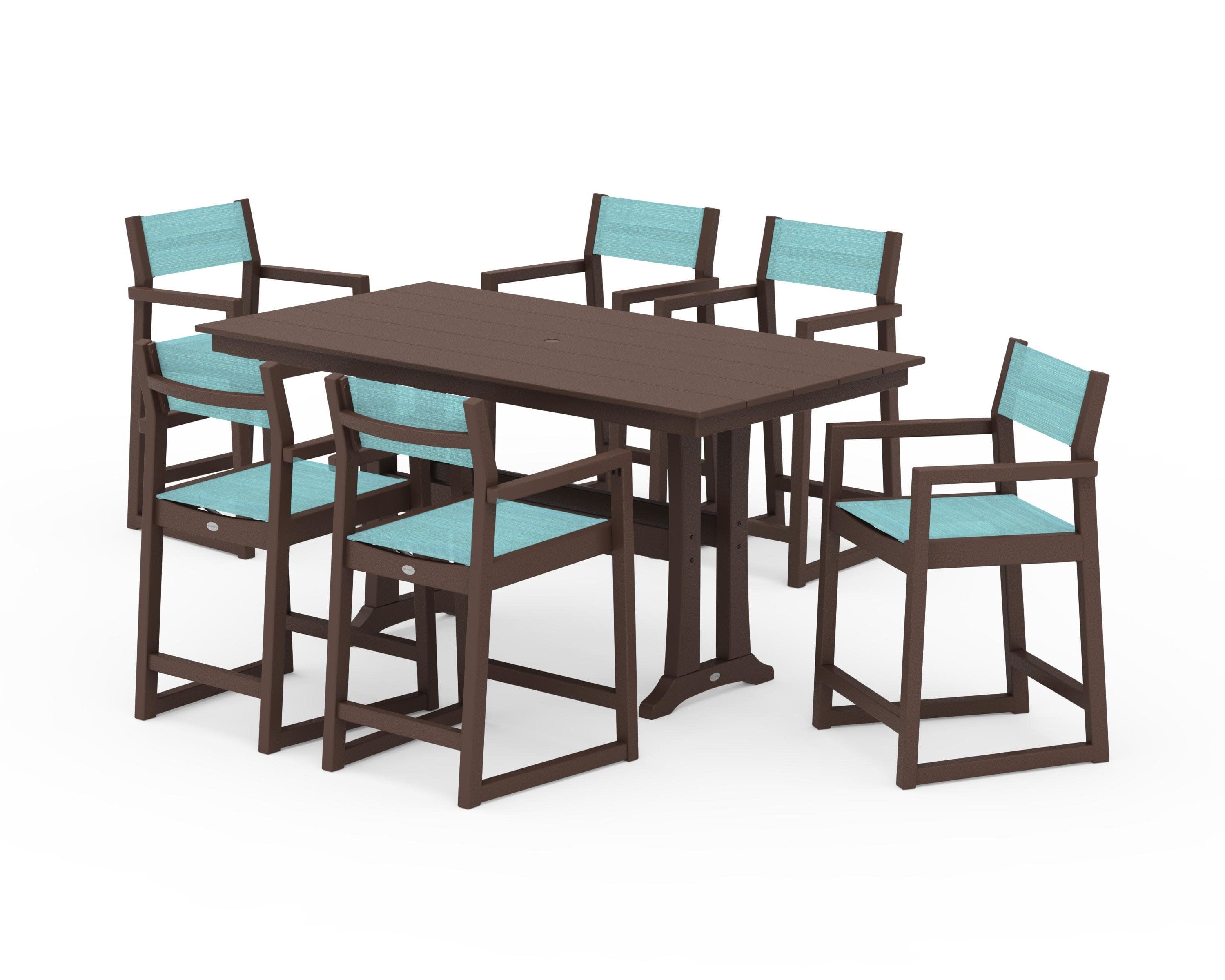 EDGE Sling Arm Chair 7-Piece Farmhouse Counter Set with Trestle Legs in Mahogany / Dupioni Aquamarine Sling