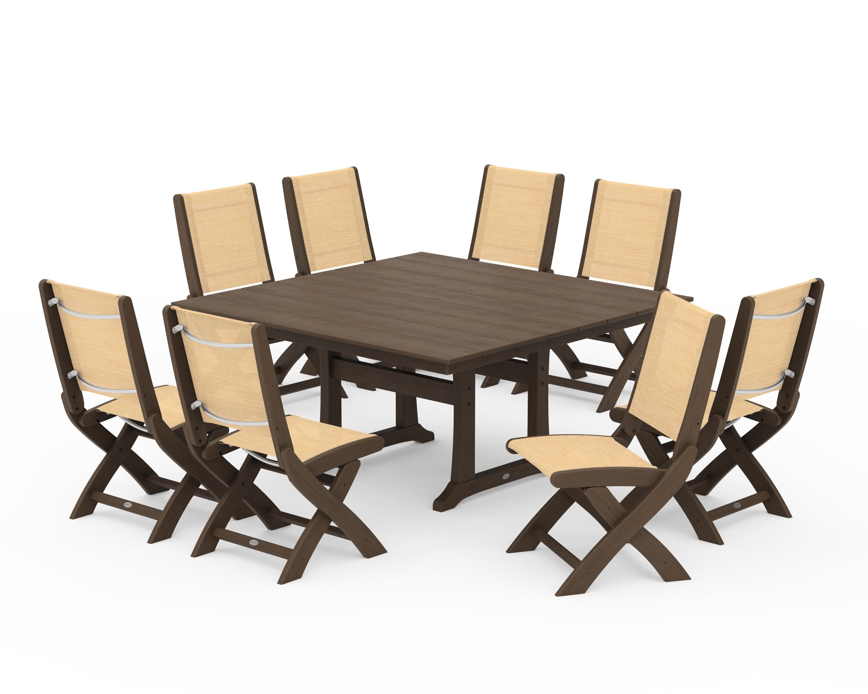 Coastal Folding Side Chair 9-Piece Farmhouse Dining Set in Kona / Dupioni Apricot Sling