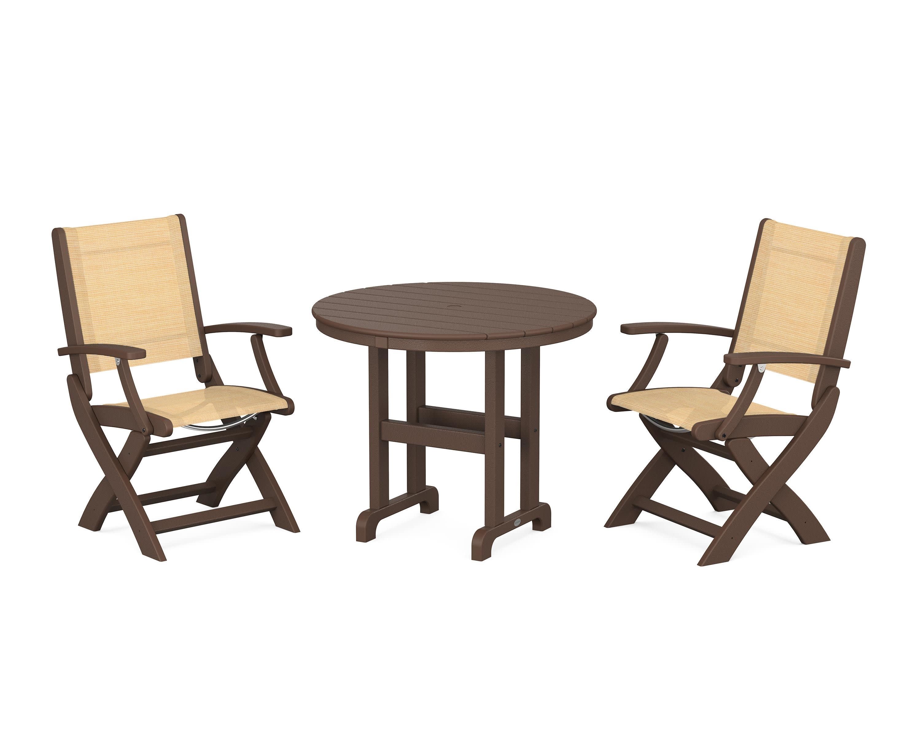 Coastal Folding Chair 3-Piece Round Dining Set in Mahogany / Dupioni Apricot Sling