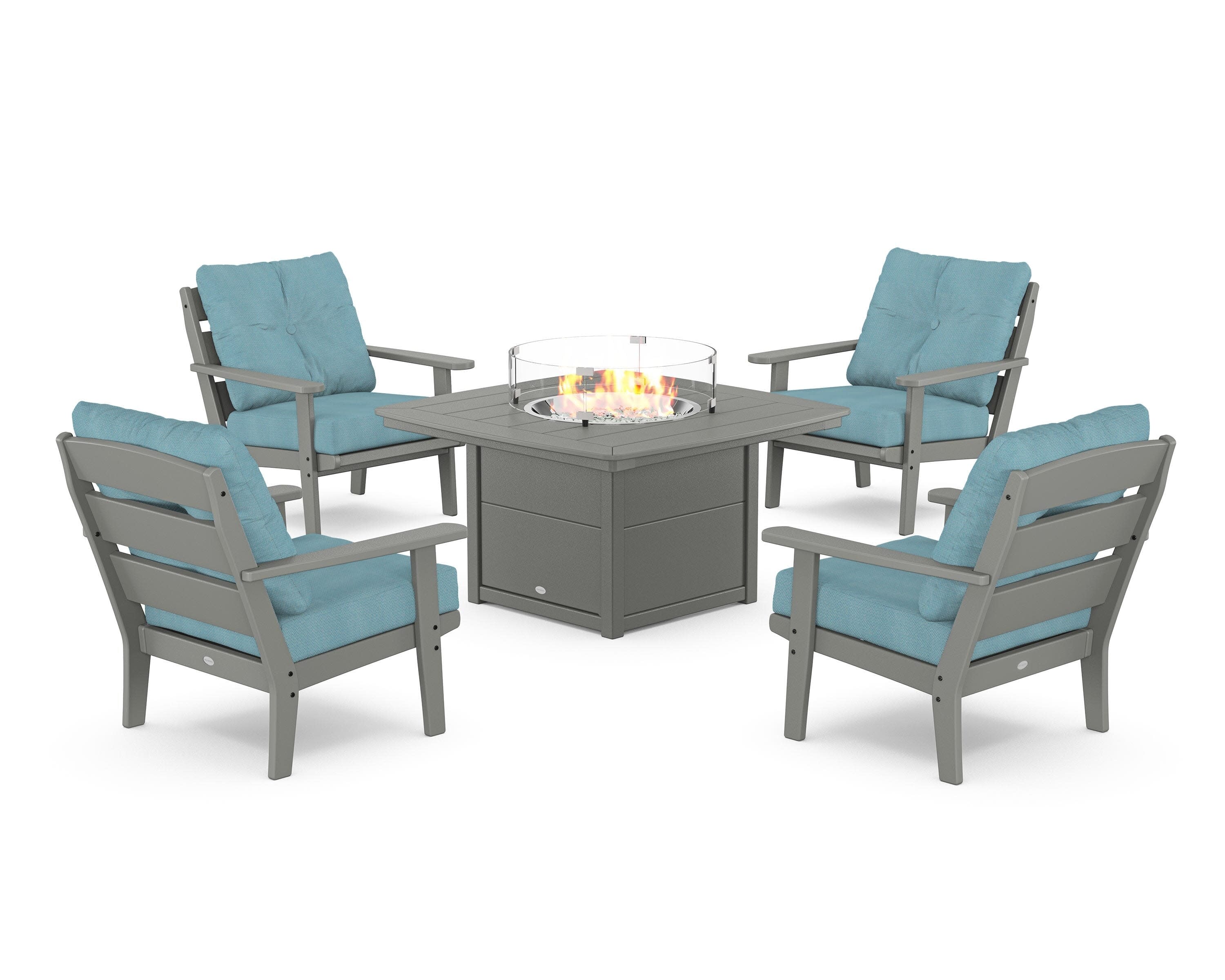 Lakeside 5-Piece Deep Seating Set with Nautical Fire Pit Table in Slate Grey / Lattice Sky Blue