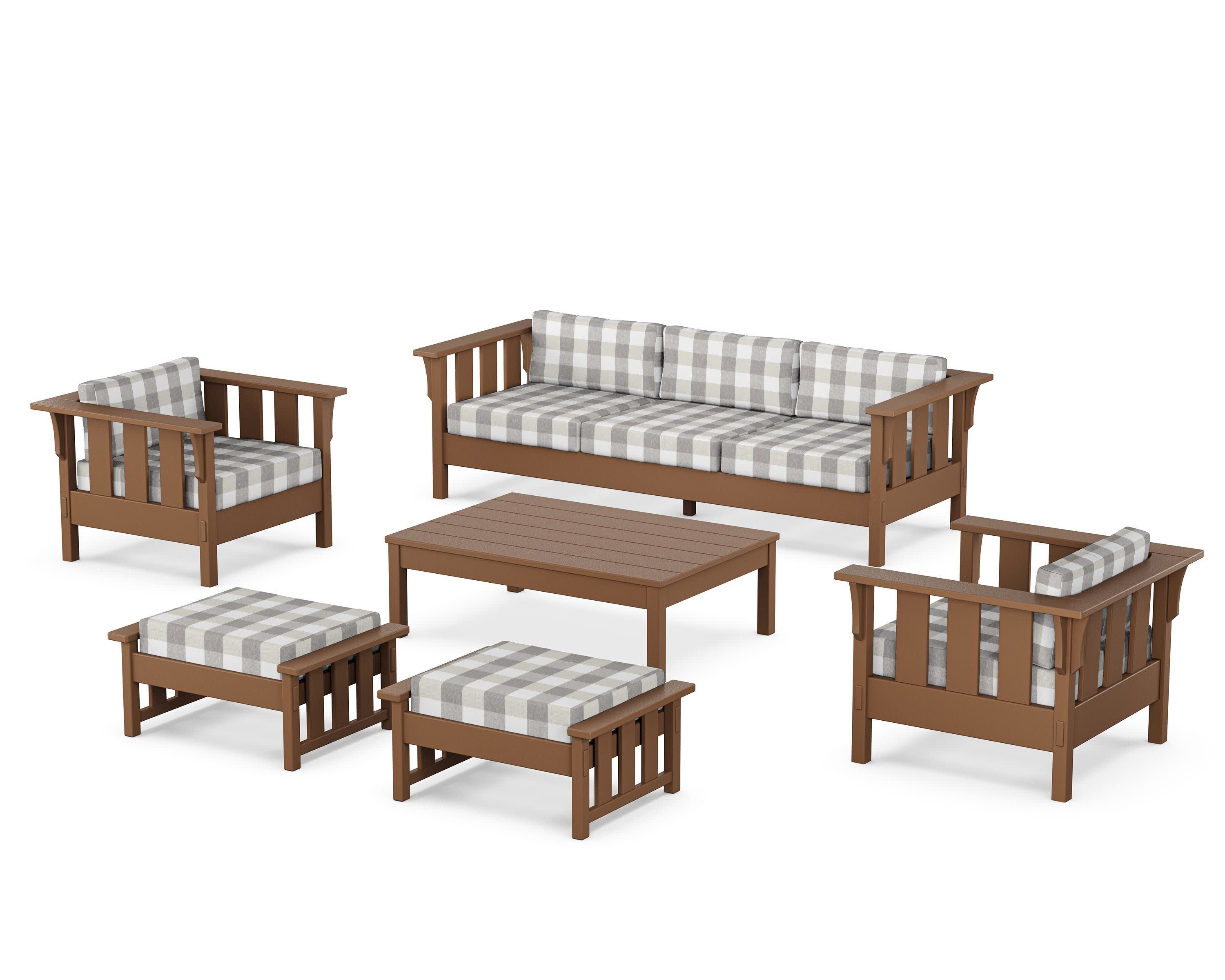 Acadia 6-Piece Lounge Sofa Set in Teak / Buffalo Plaid Grey Mist