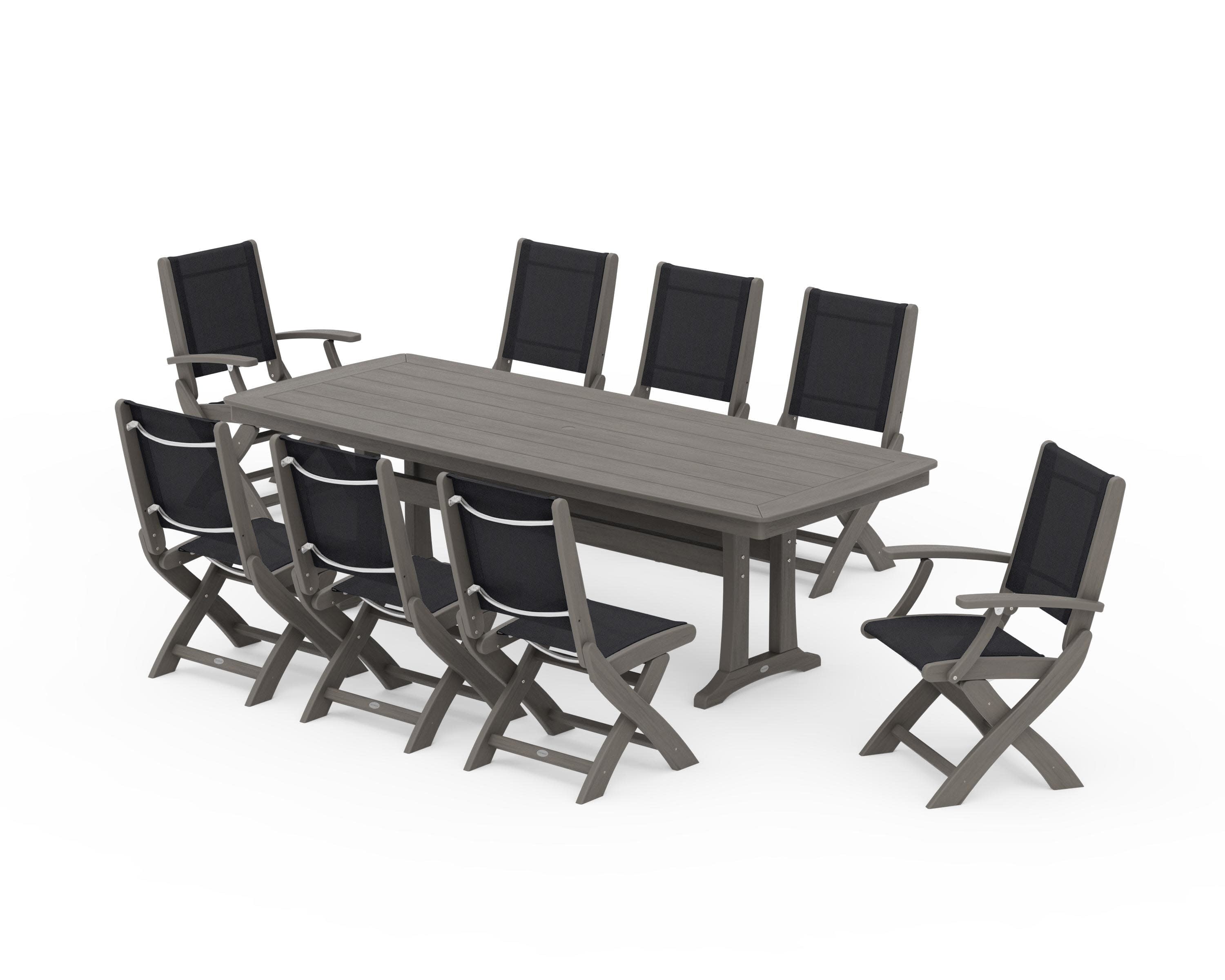 Coastal Folding 9-Piece Dining Set with Trestle Legs in Driftwood / Black Sling