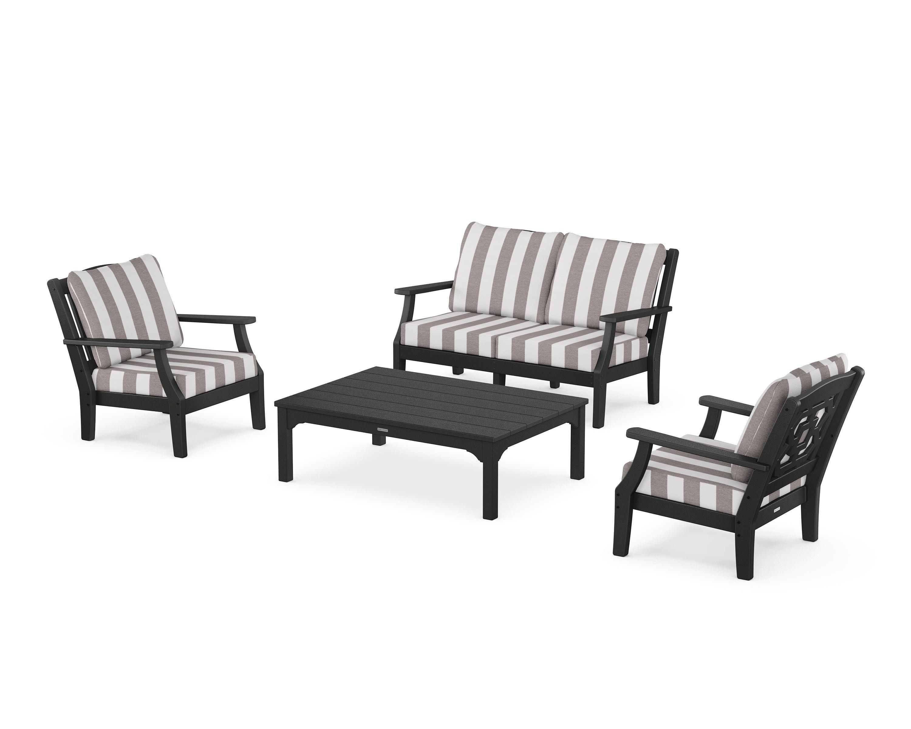 Chinoiserie 4-Piece Deep Seating Set with Loveseat in Black / Cabana Stripe Grey Mist
