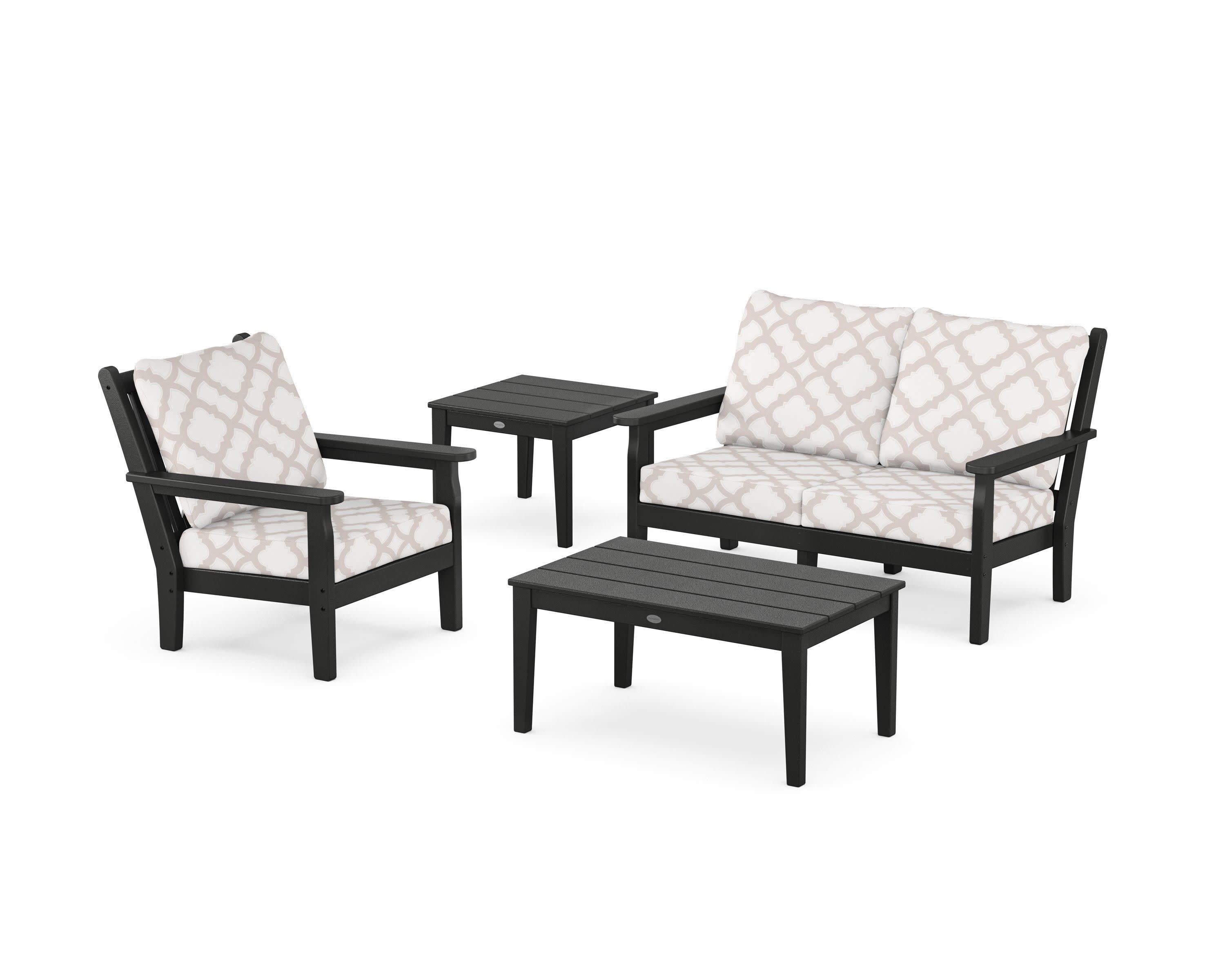 Chippendale 4-Piece Deep Seating Set in Black / Trellis Dune Burlap