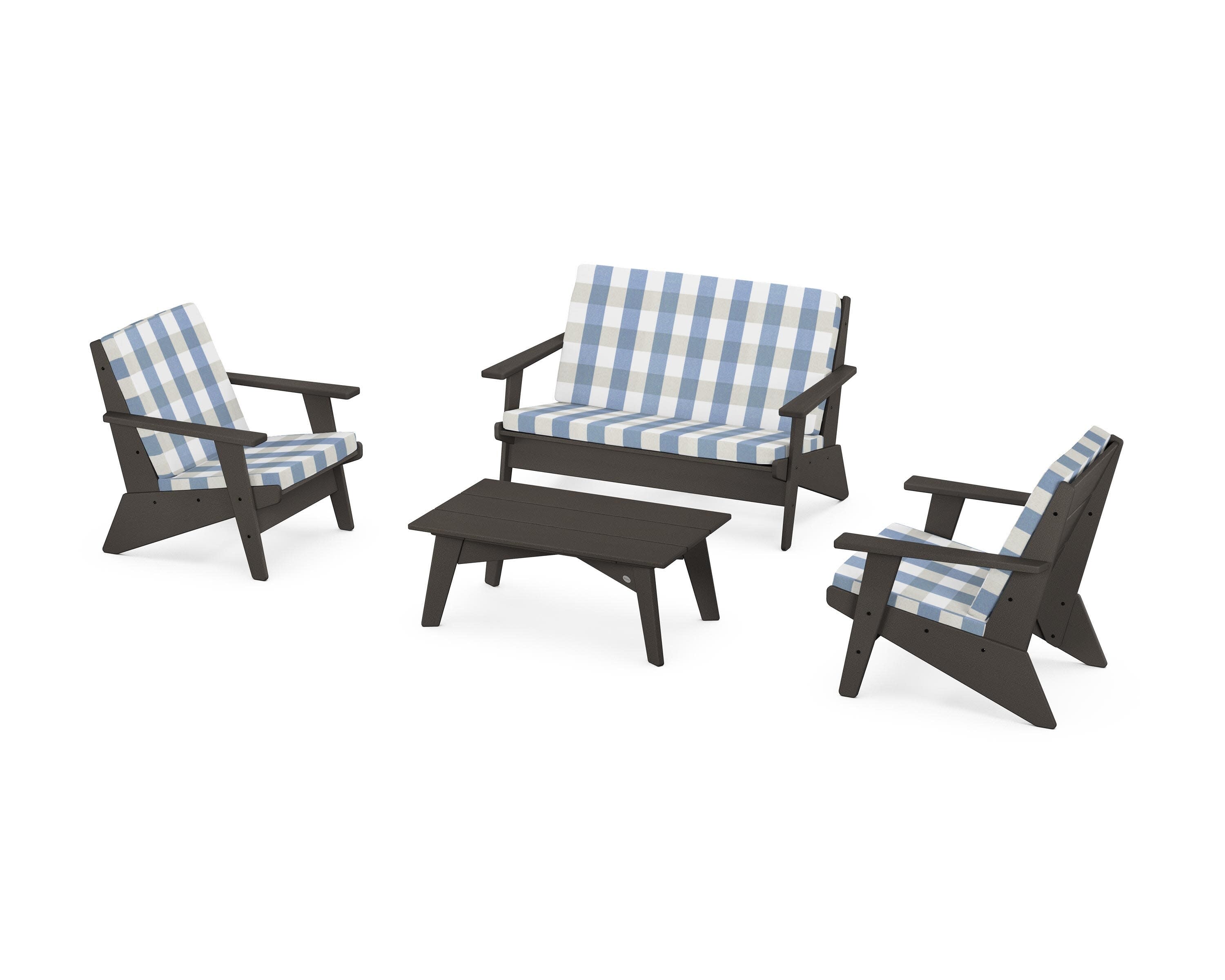 Riviera Modern Lounge 4-Piece Set in Vintage Coffee / Buffalo Plaid Sky Blue