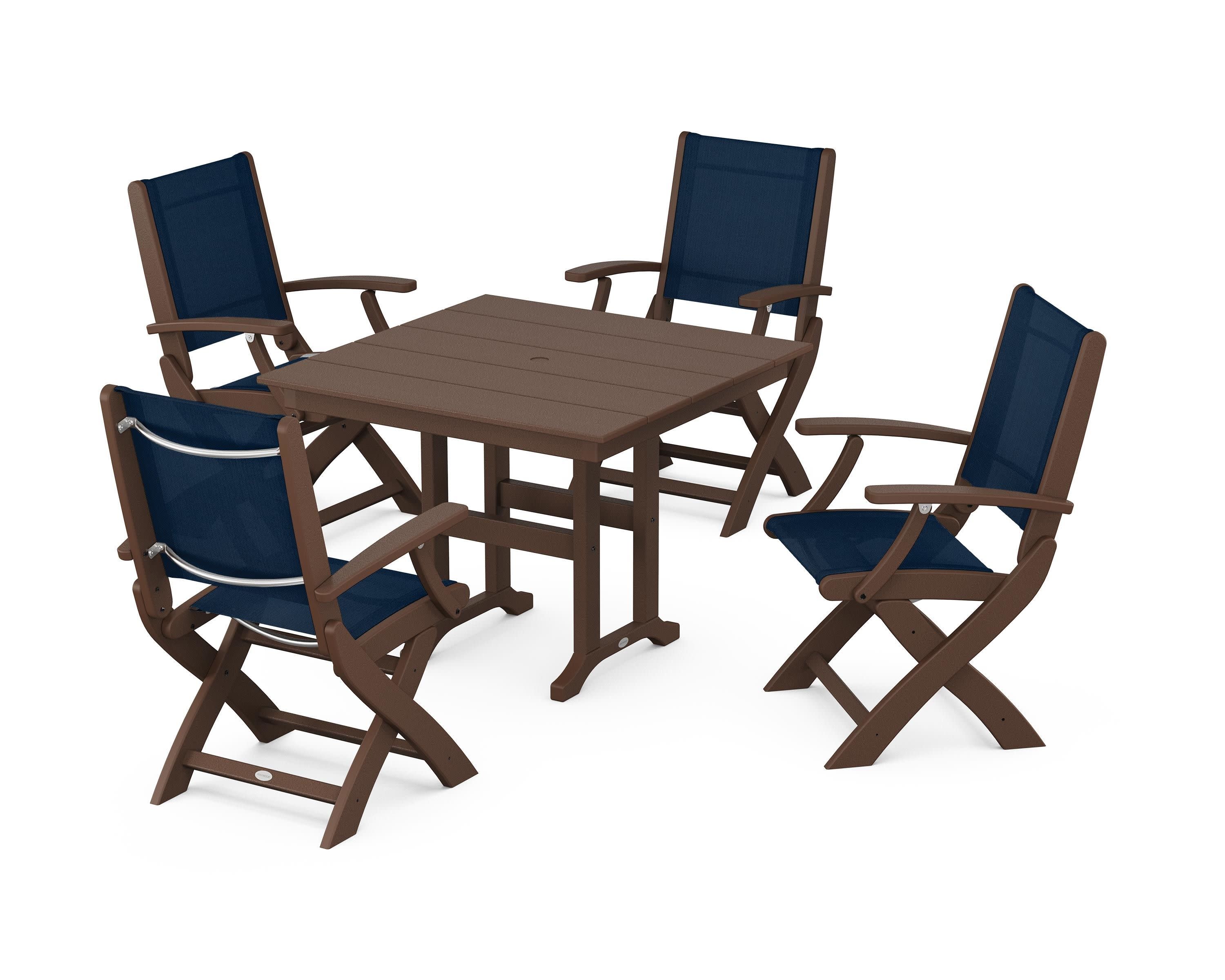 Coastal Folding Chair 5-Piece Farmhouse Dining Set in Mahogany / Navy Blue Sling