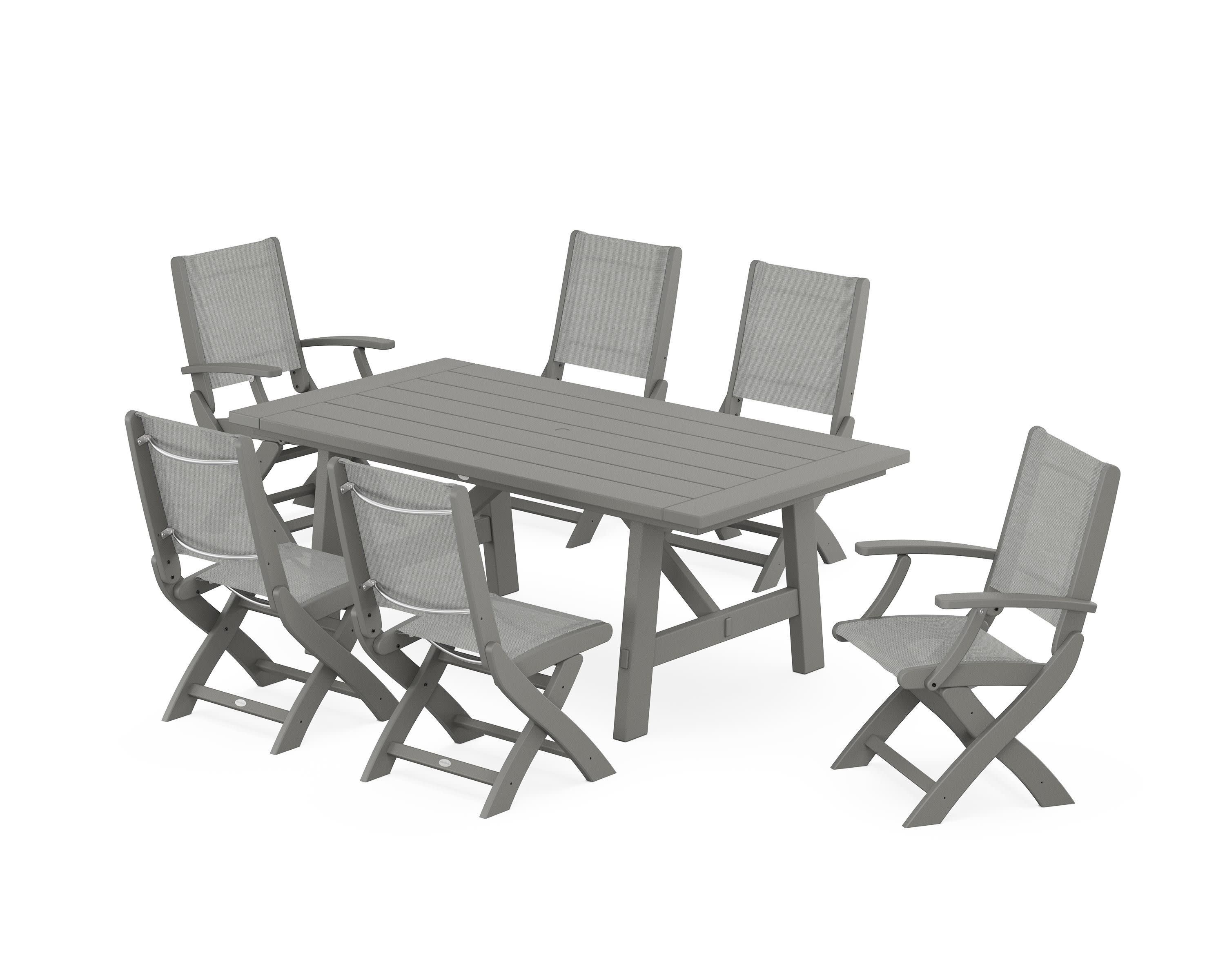 Coastal Folding Chair 7-Piece Rustic Farmhouse Dining Set in Slate Grey / Metallic Sling