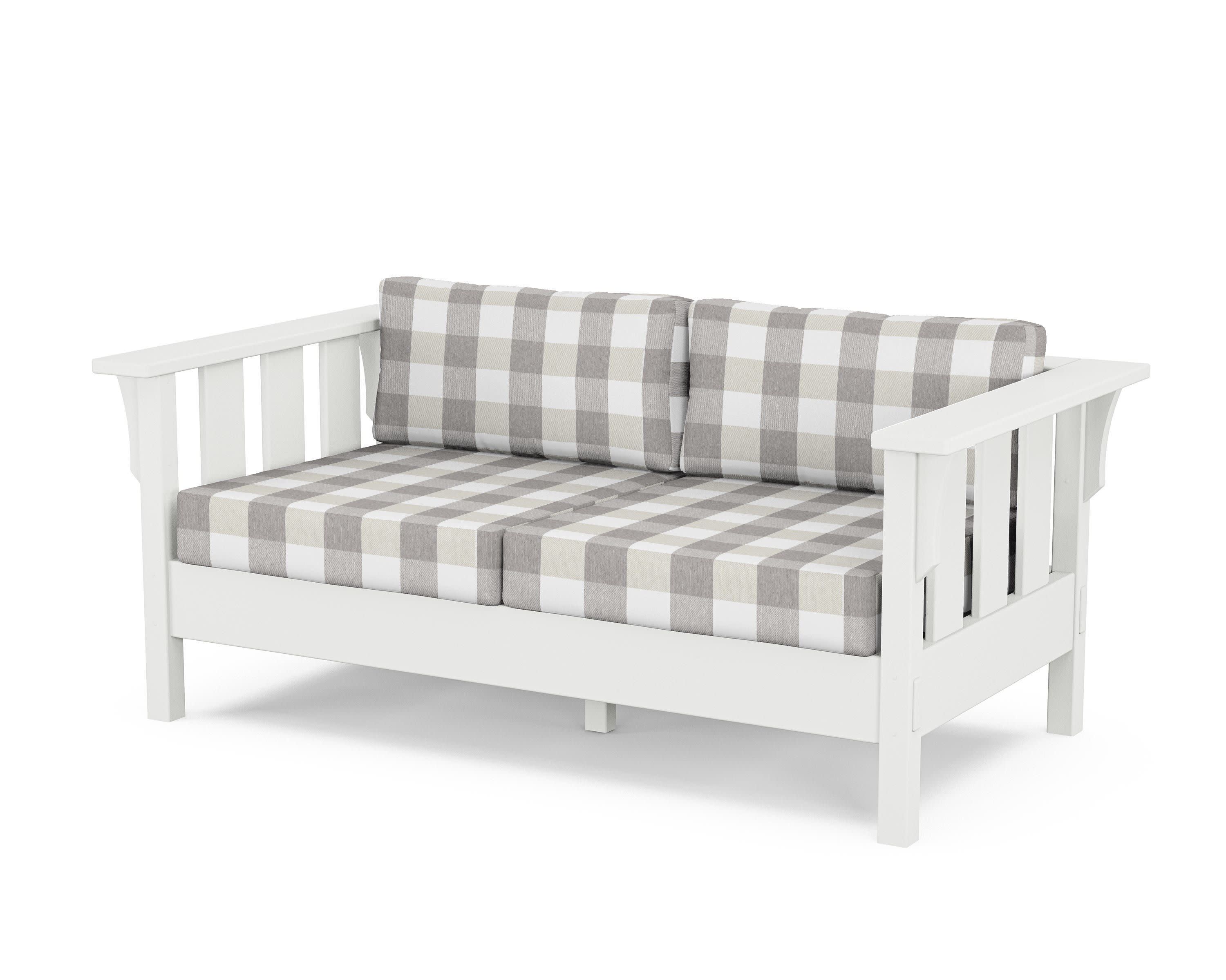 Acadia Deep Seating Loveseat in White / Buffalo Plaid Grey Mist