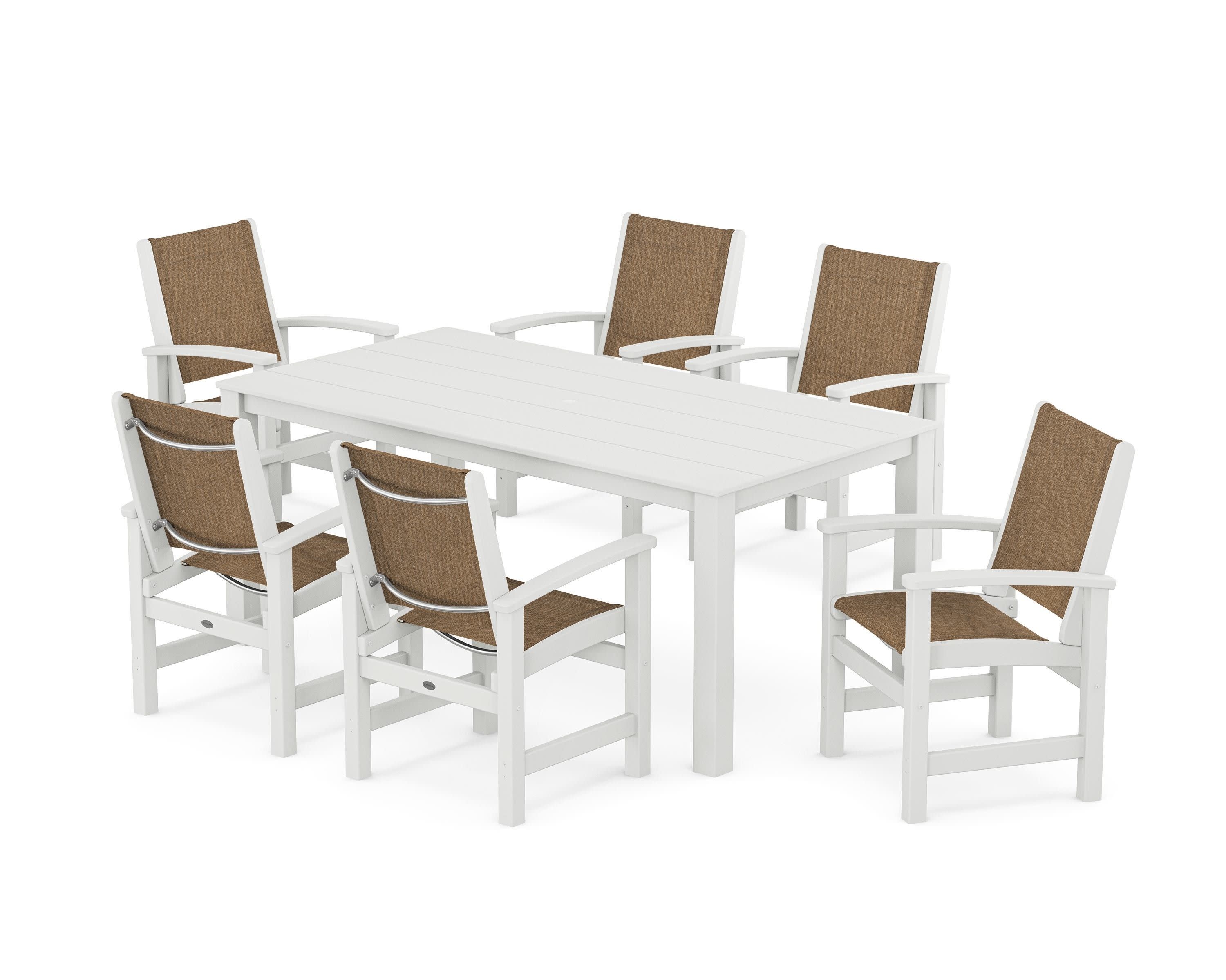 Coastal 7-Piece Parsons Dining Set in White / Burlap Sling