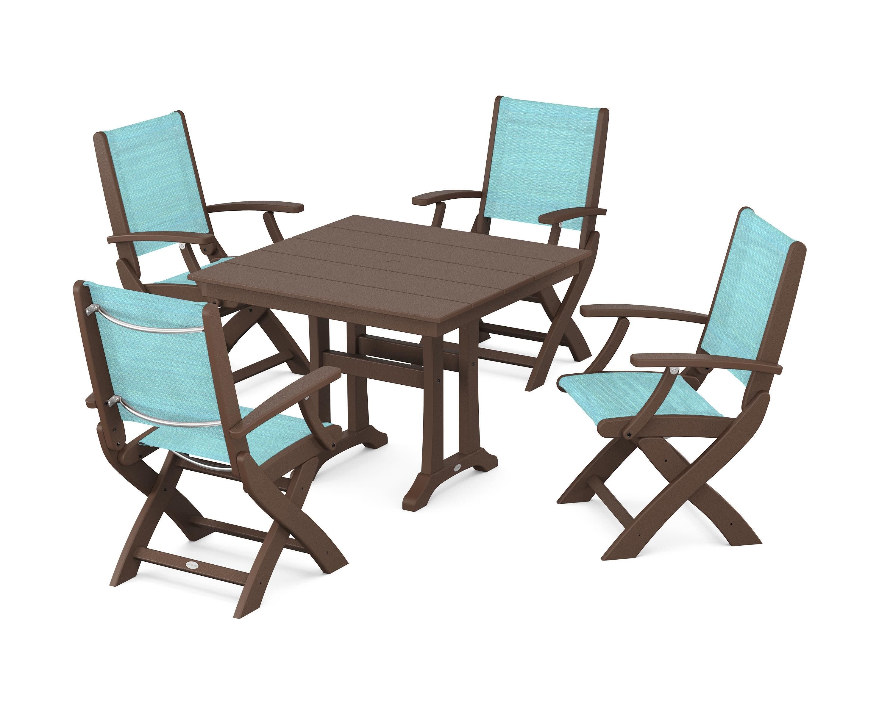 Coastal Folding Chair 5-Piece Farmhouse Dining Set With Trestle Legs in Mahogany / Dupioni Aquamarine Sling