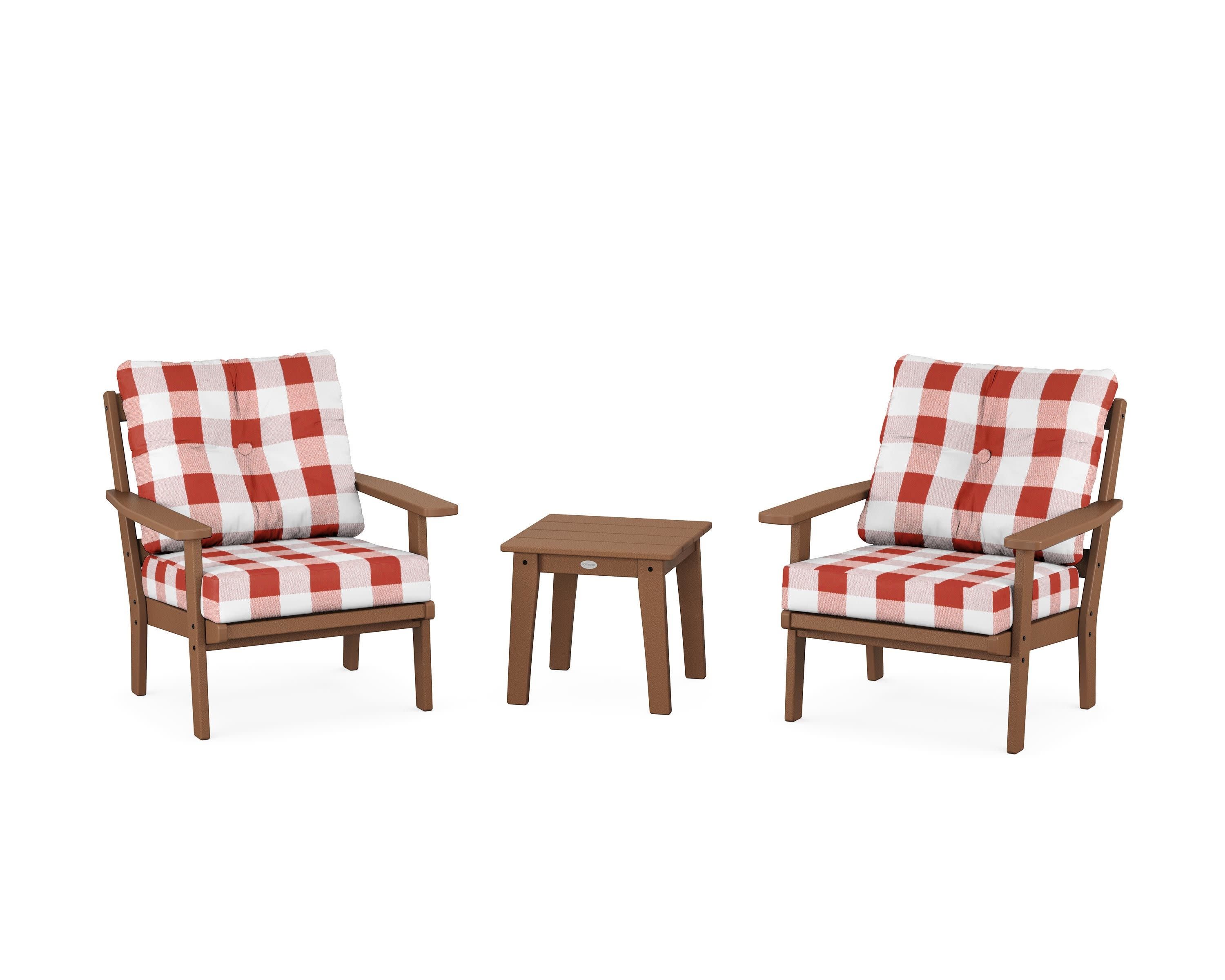 Oxford 3-Piece Deep Seating Set in Teak / Buffalo Plaid Crimson