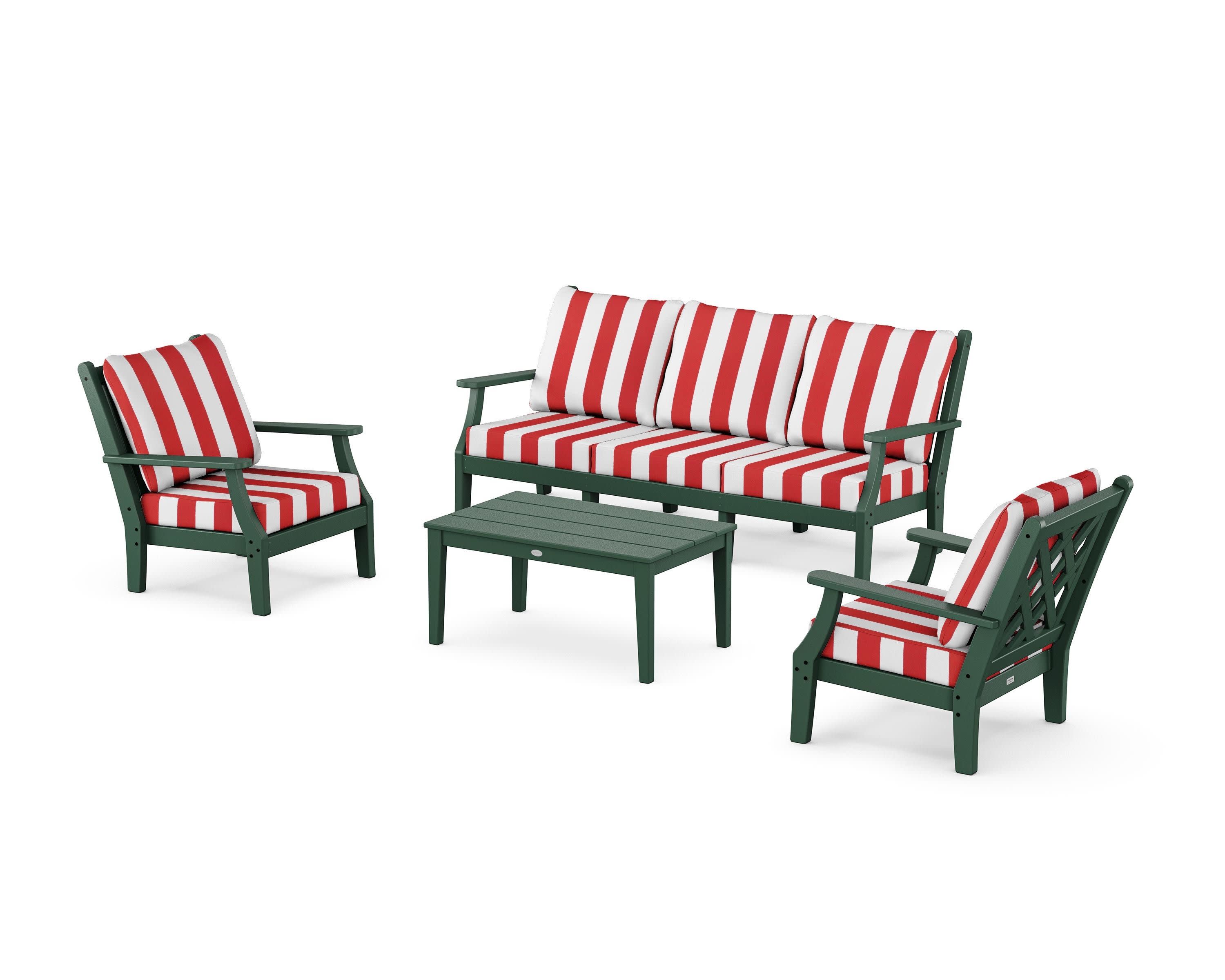 Wovendale 4-Piece Deep Seating Set with Sofa in Green / Cabana Stripe Crimson