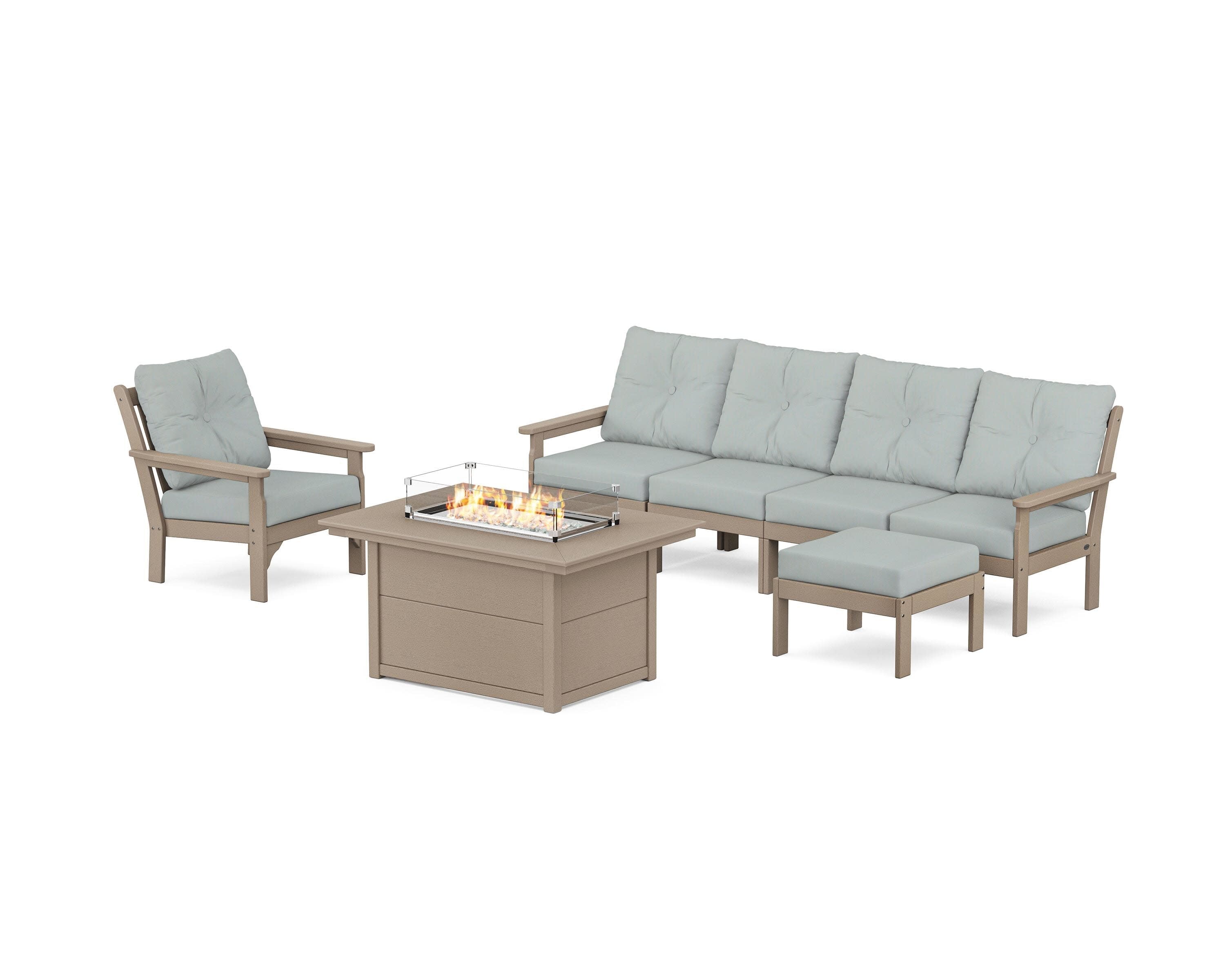 Vineyard Sectional Lounge and Fire Pit Set in Vintage Sahara / Spa