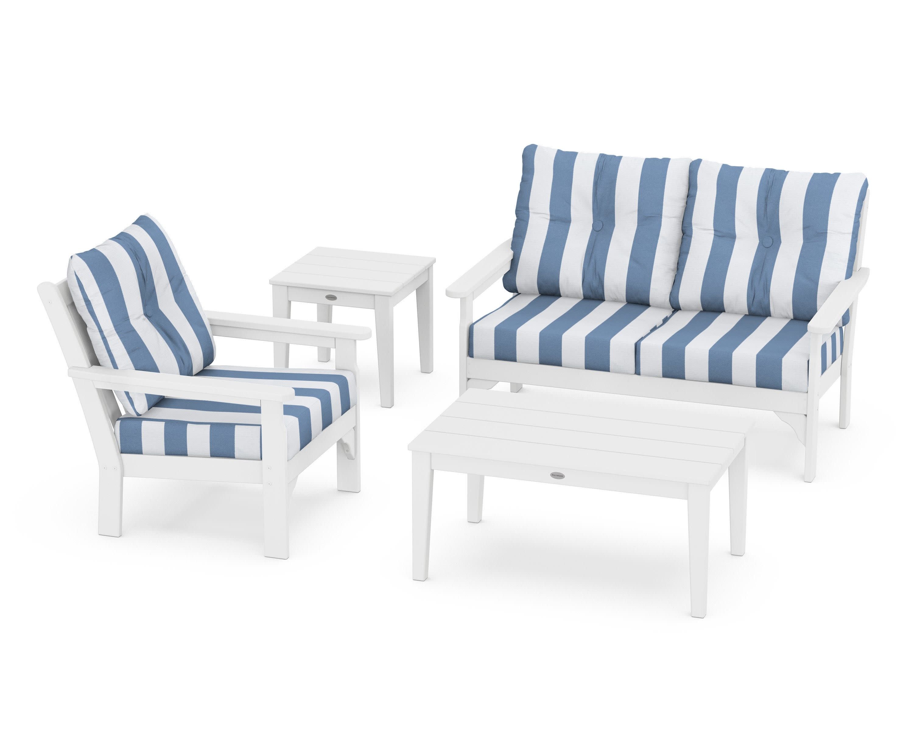 Vineyard 4-Piece Deep Seating Set in White / Cabana Stripe Sky Blue