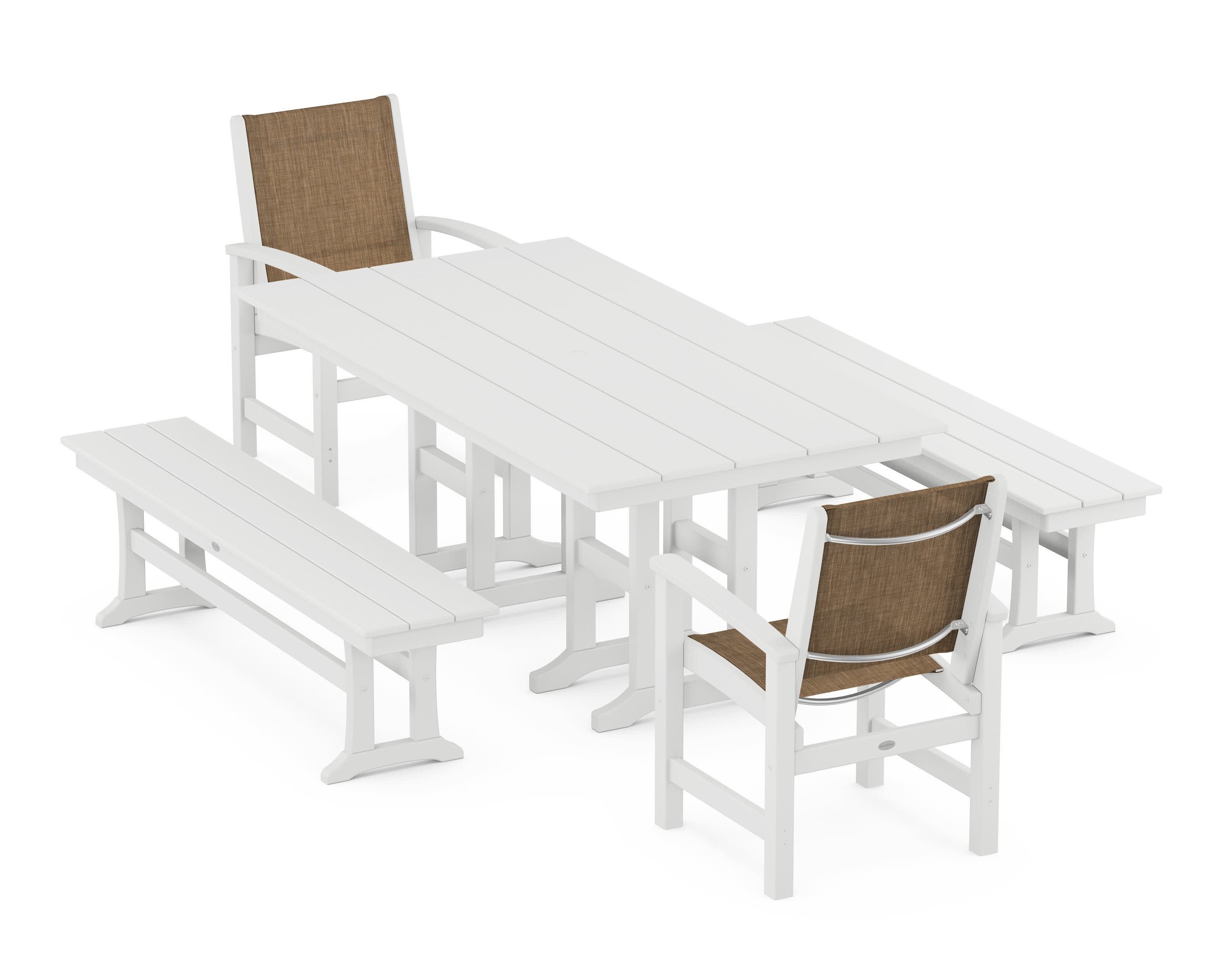 Coastal 5-Piece Farmhouse Dining Set in White / Burlap Sling