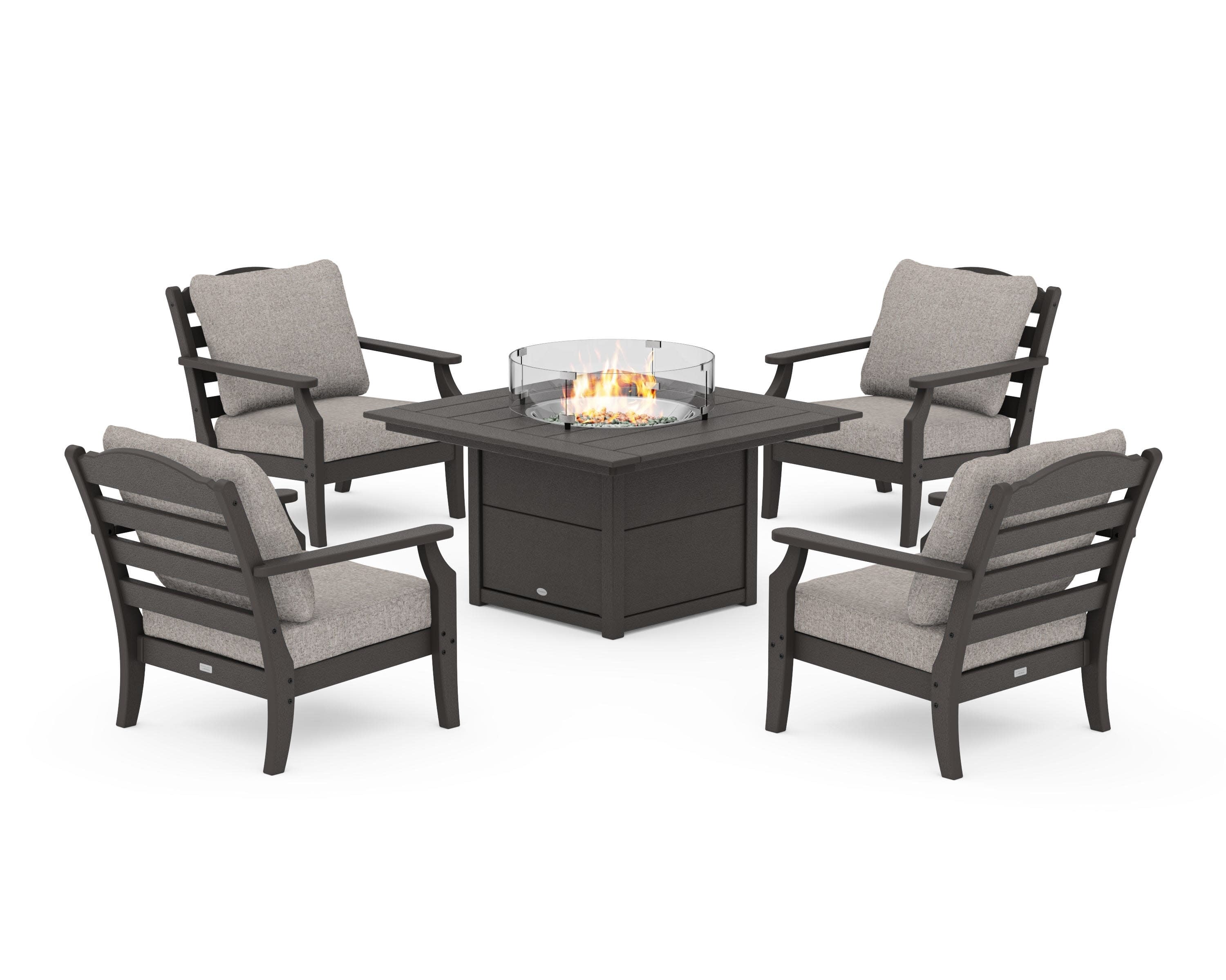 Savannah 5-Piece Deep Seating Set with Fire Pit Table in Vintage Coffee / Weathered Tweed