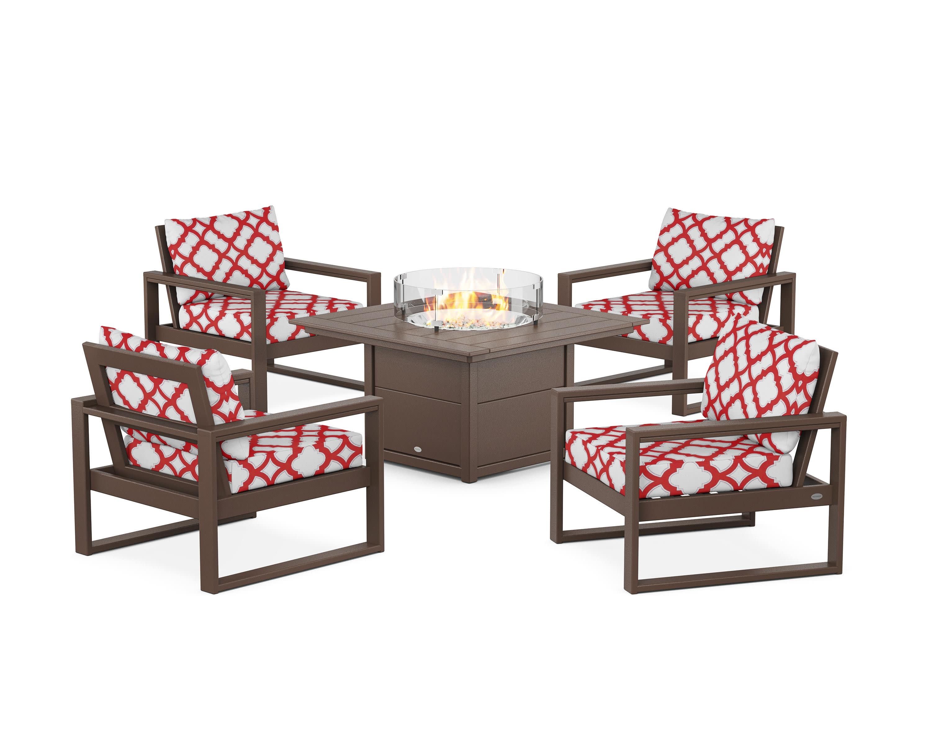 EDGE Sectional 5-Piece Deep Seating Set with Fire Pit Table in Mahogany / Trellis Crimson