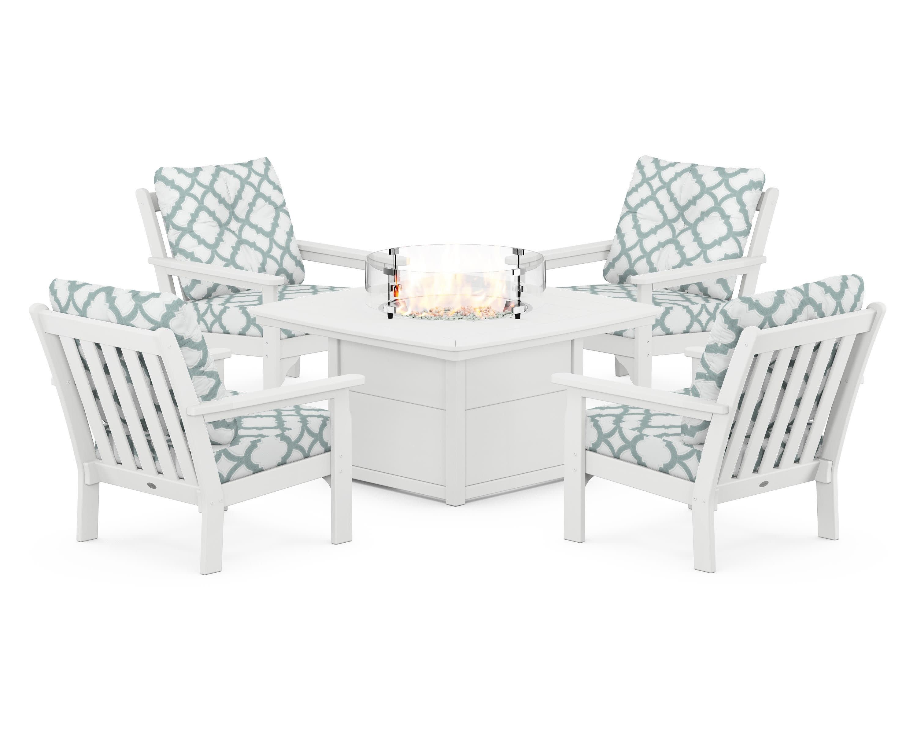 Vineyard 5-Piece Conversation Set with Fire Pit Table in White / Trellis Glacier Spa
