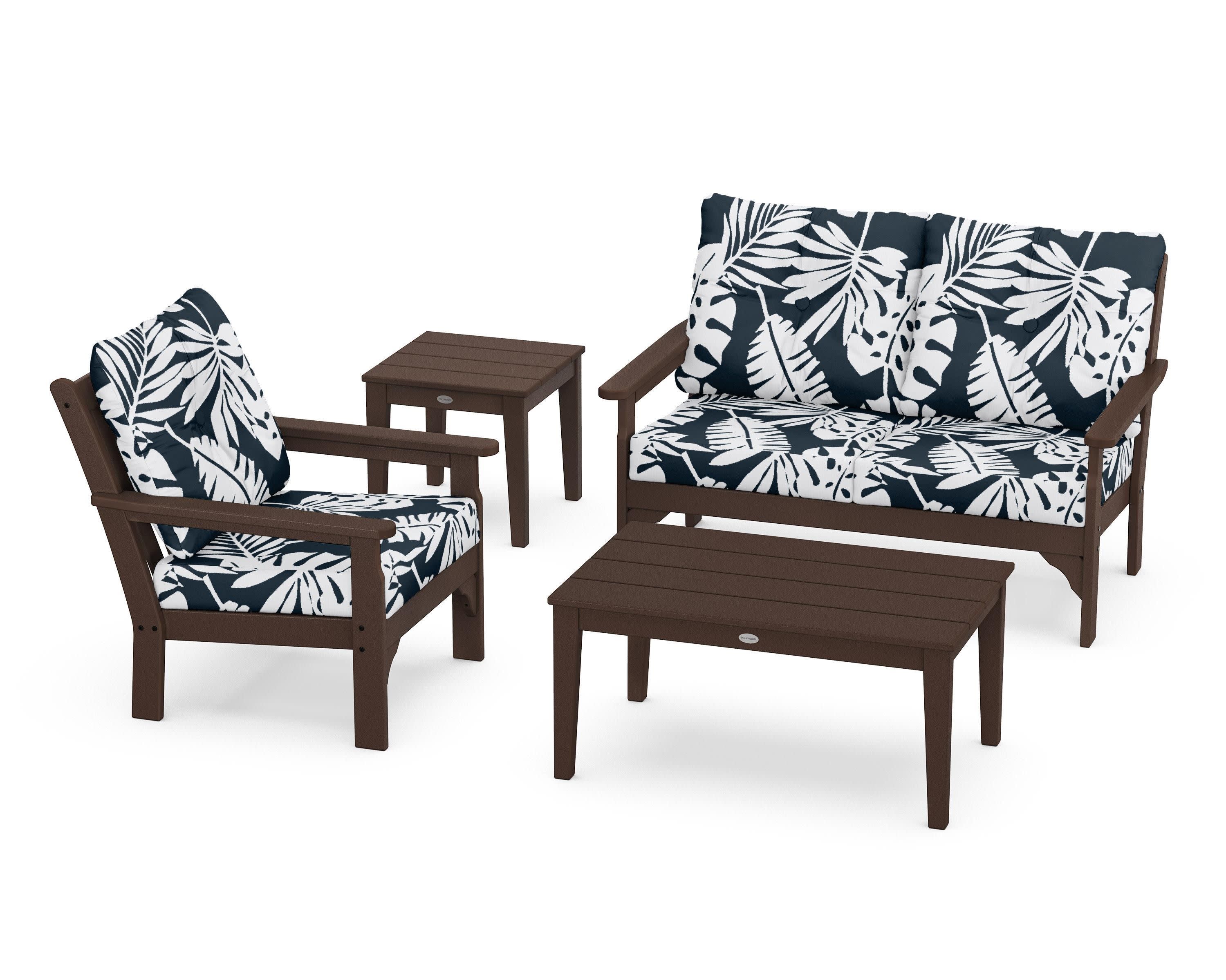 Vineyard 4-Piece Deep Seating Set in Mahogany / Leaf Marine Indigo