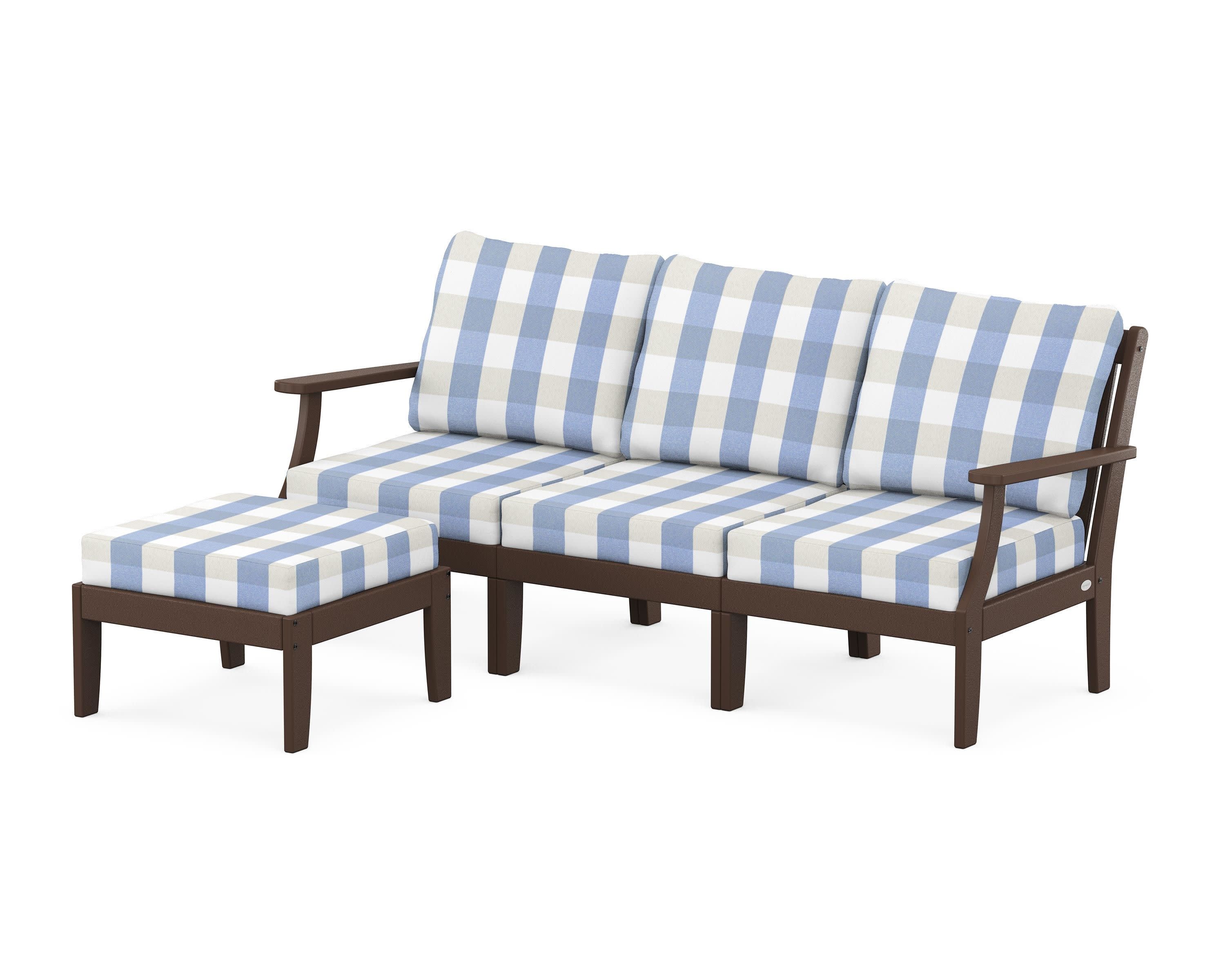 Braxton Modular 4-Piece Deep Seating Set with Ottoman in Mahogany / Buffalo Plaid Sky Blue
