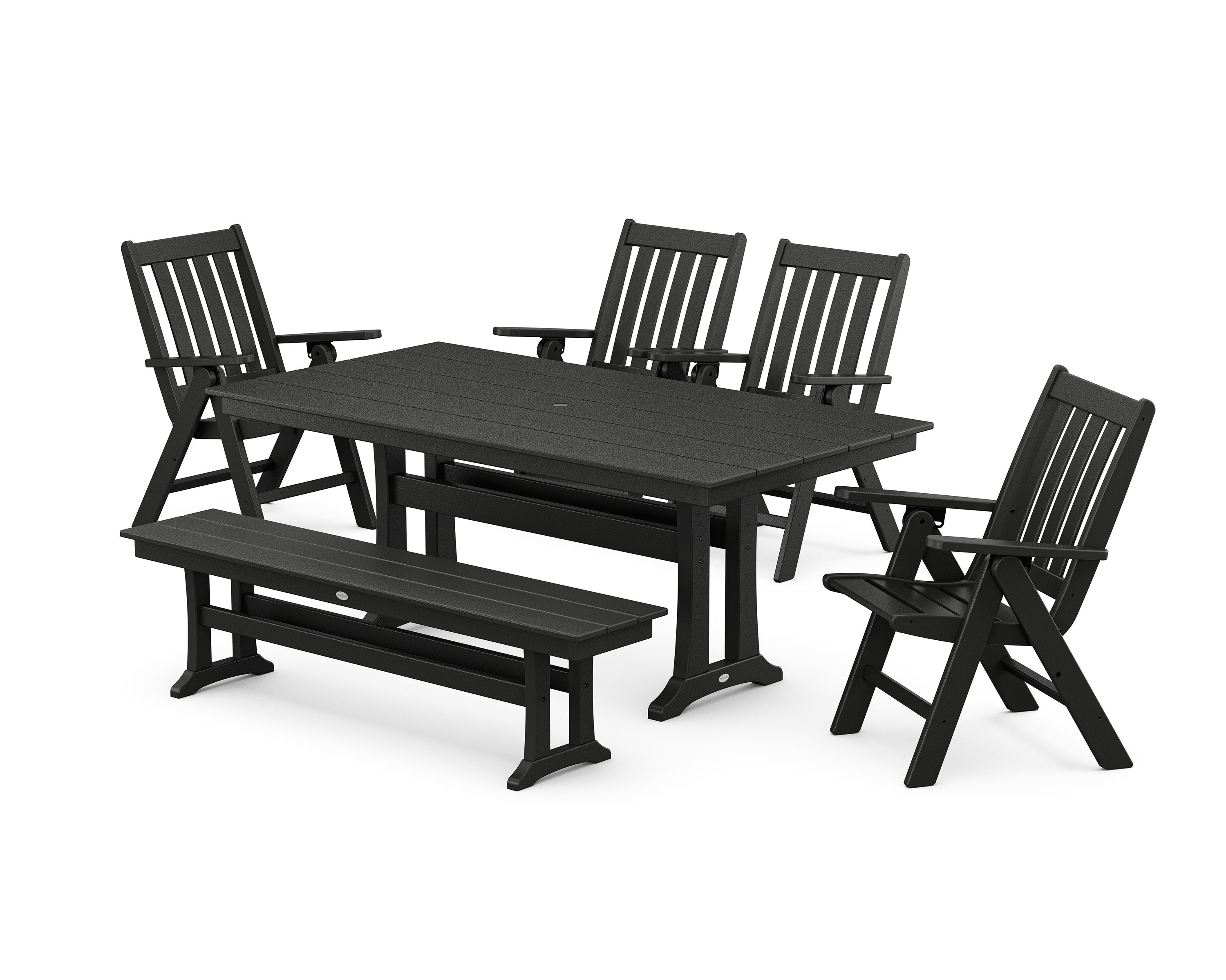 Vineyard 6-Piece Folding Chair Farmhouse Dining Set with Trestle Legs and Bench in Black