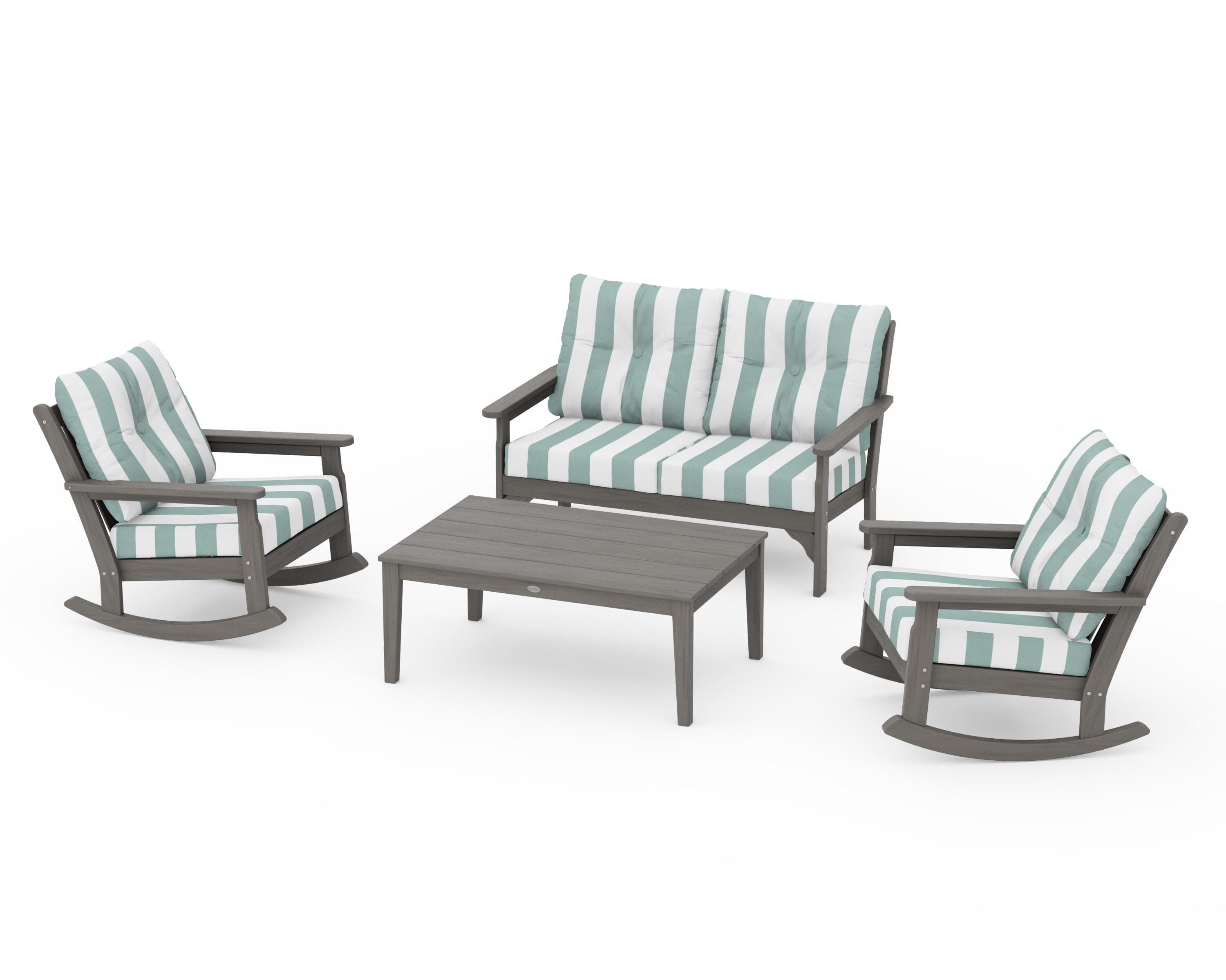 Vineyard 4-Piece Deep Seating Rocking Chair Set in Driftwood / Cabana Stripe Glacier Spa