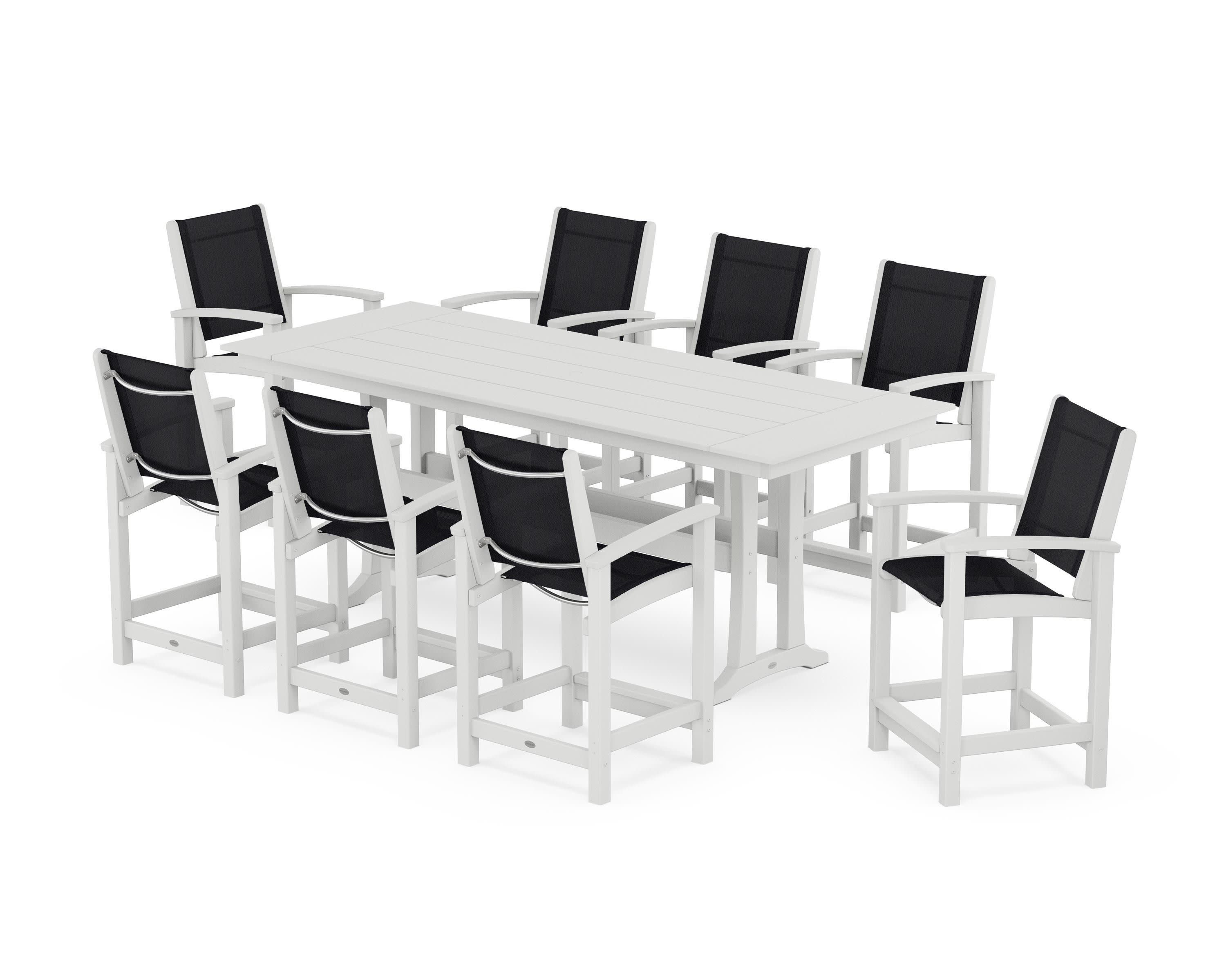 Coastal 9-Piece Farmhouse Counter Set with Trestle Legs in White / Black Sling