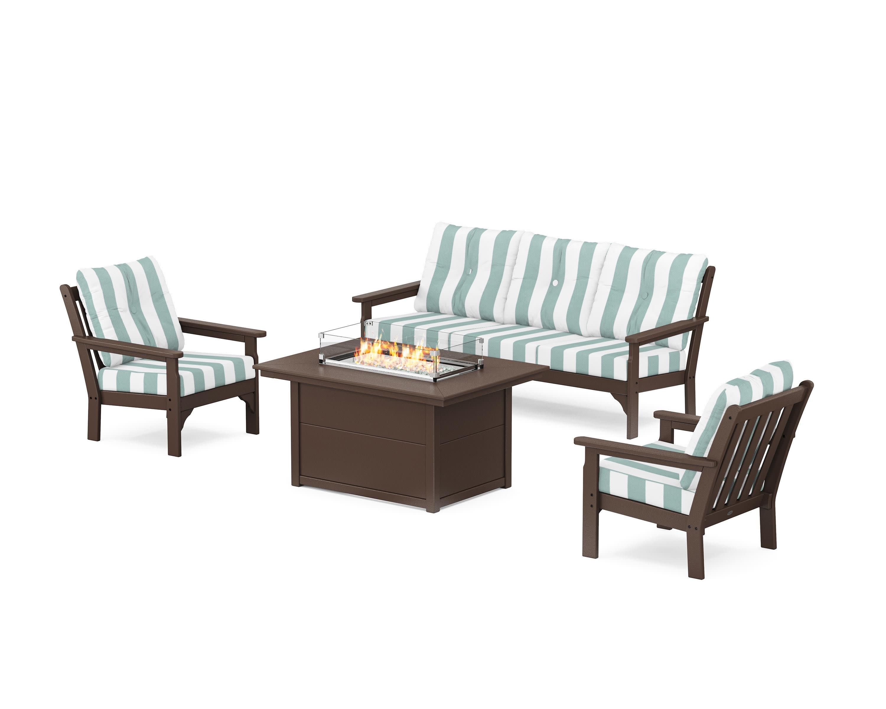 Vineyard Deep Seating Fire Pit Table Set in Mahogany / Cabana Stripe Glacier Spa