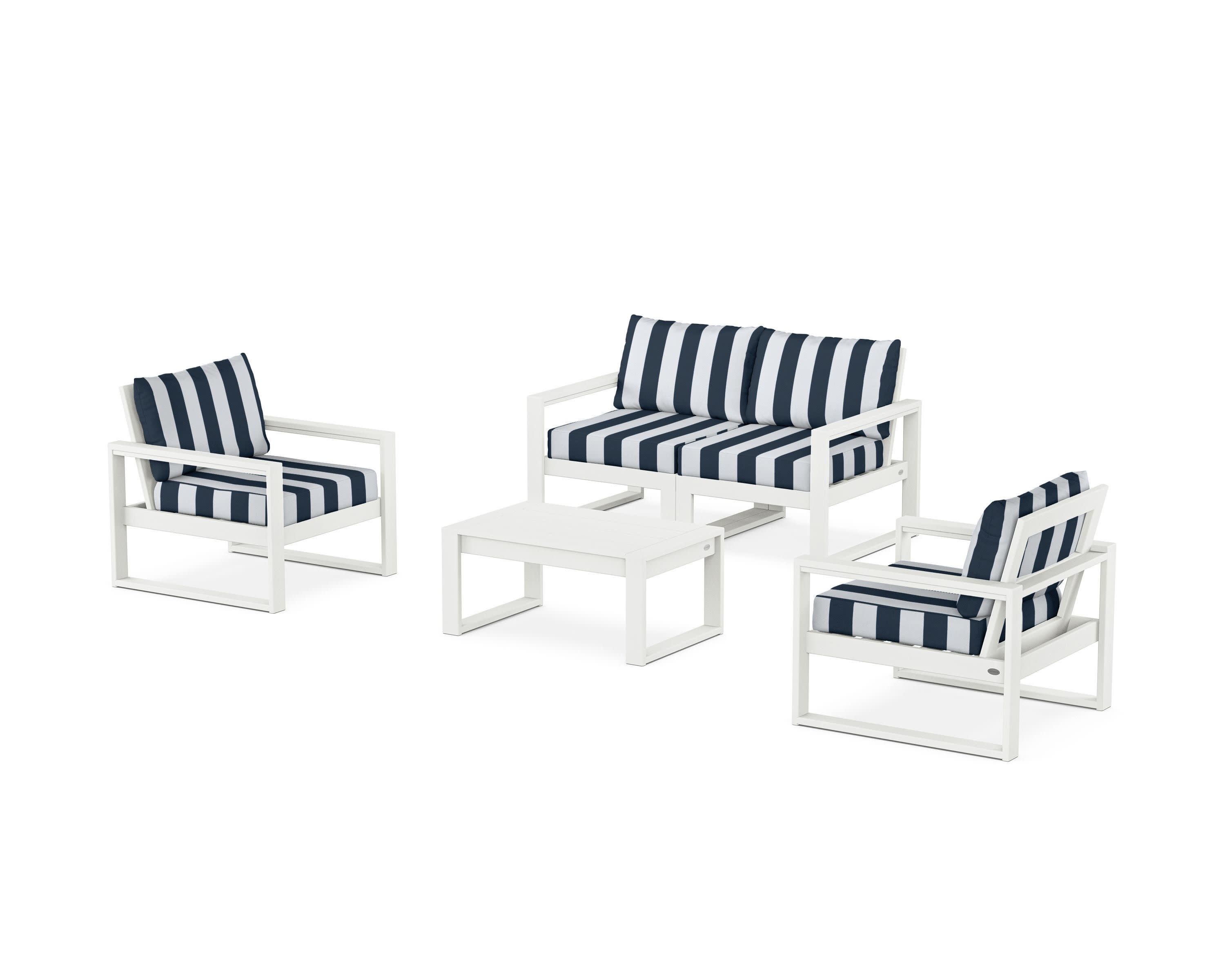 EDGE Sectional 4-Piece Deep Seating Set with Loveseat in Vintage White / Cabana Stripe Marine Indigo