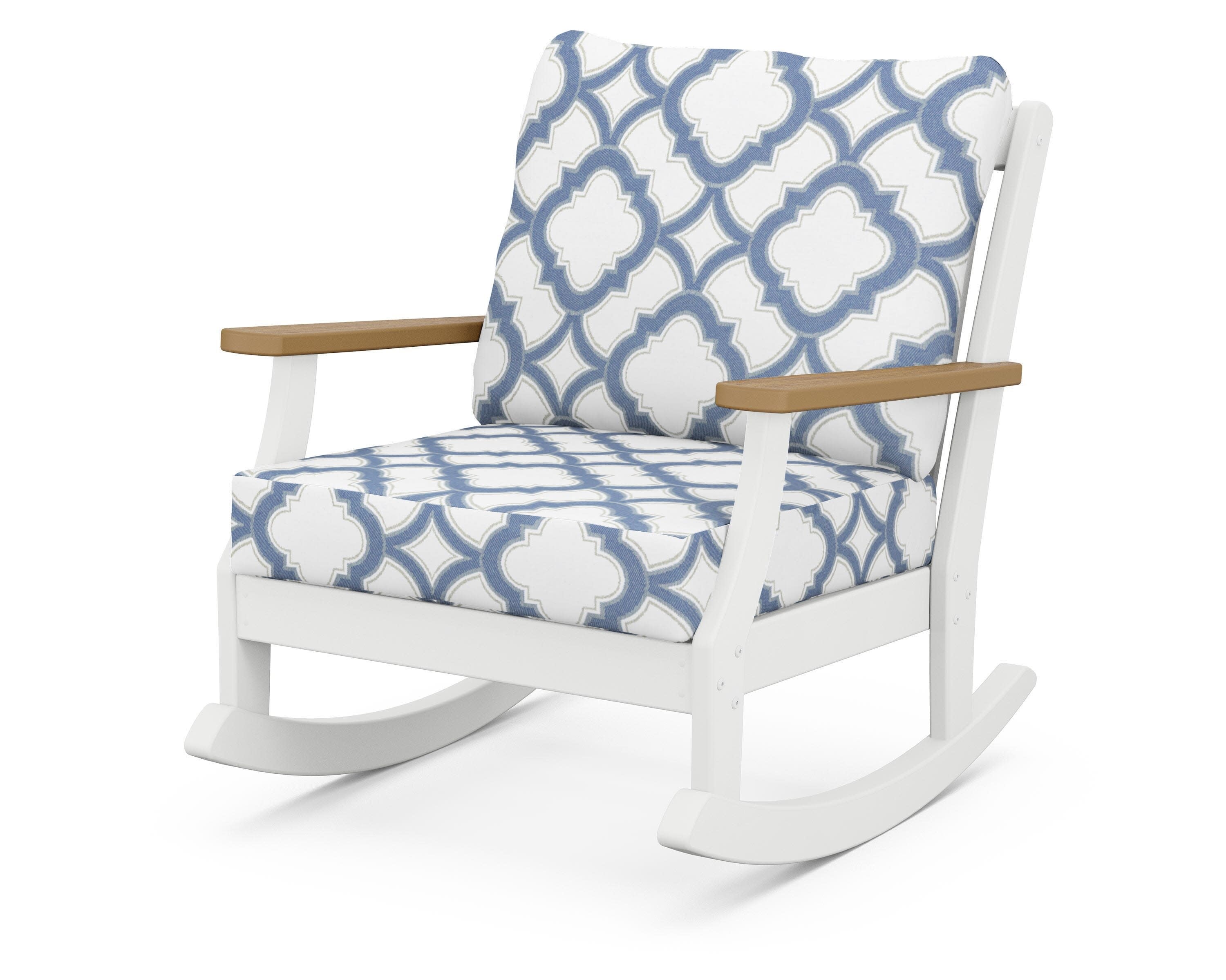Braxton Deep Seating Rocking Chair in White / Natural / Trellis Sky Blue