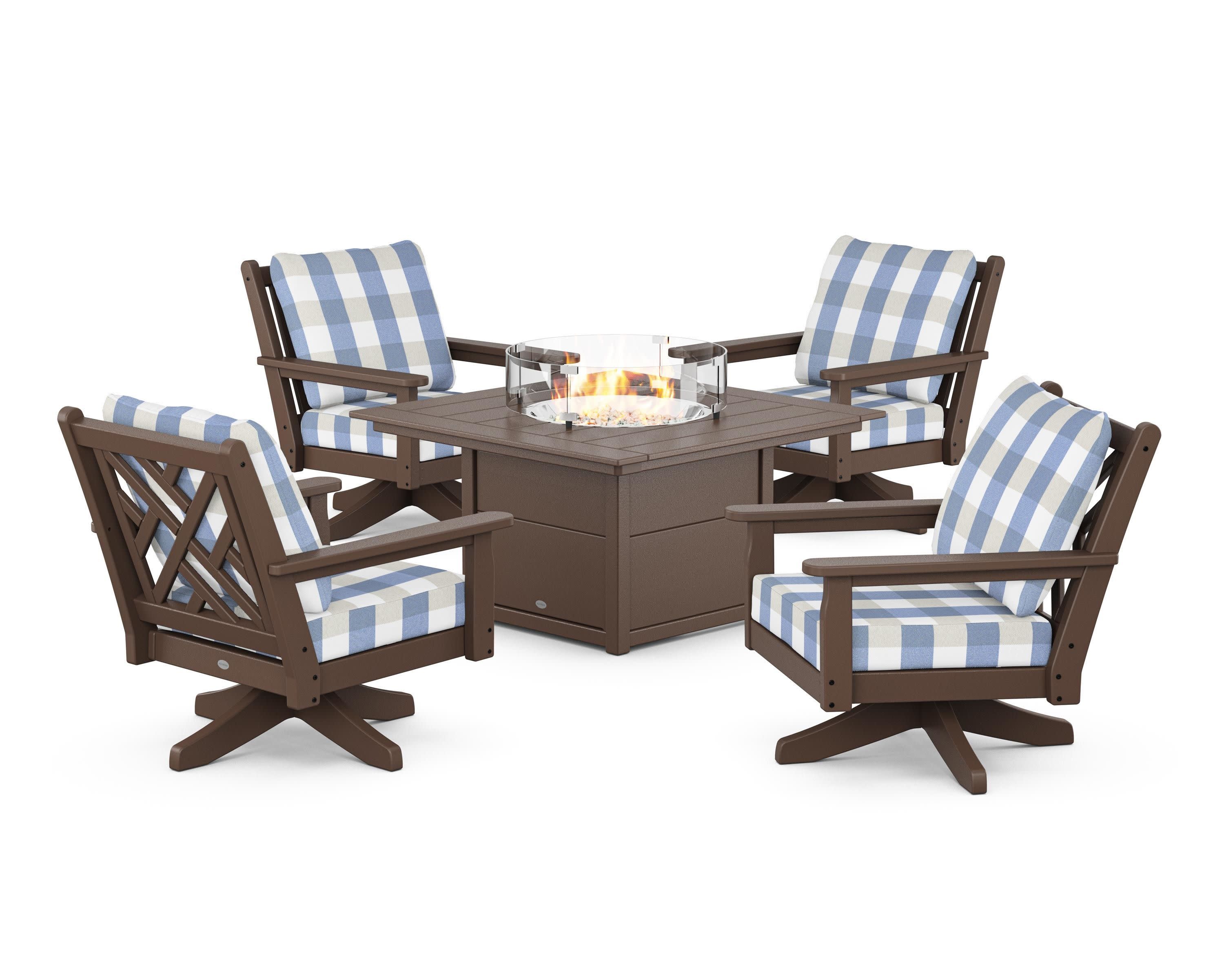 Chippendale 5-Piece Deep Seating Swivel Conversation Set with Fire Pit Table in Mahogany / Buffalo Plaid Sky Blue