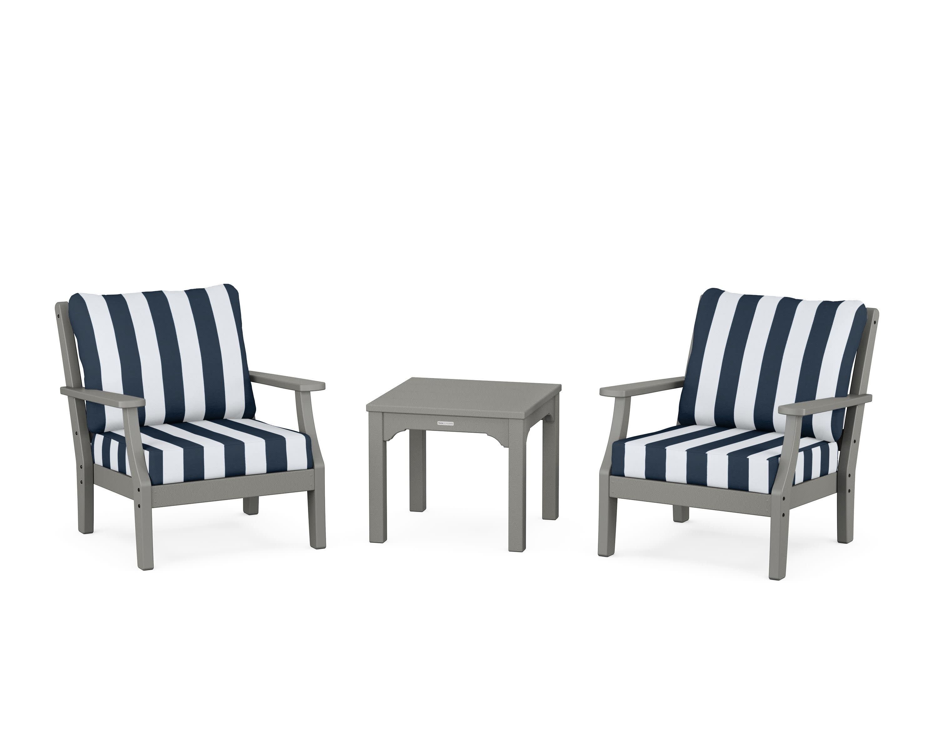 Chinoiserie 3-Piece Deep Seating Set in Slate Grey / Cabana Stripe Marine Indigo