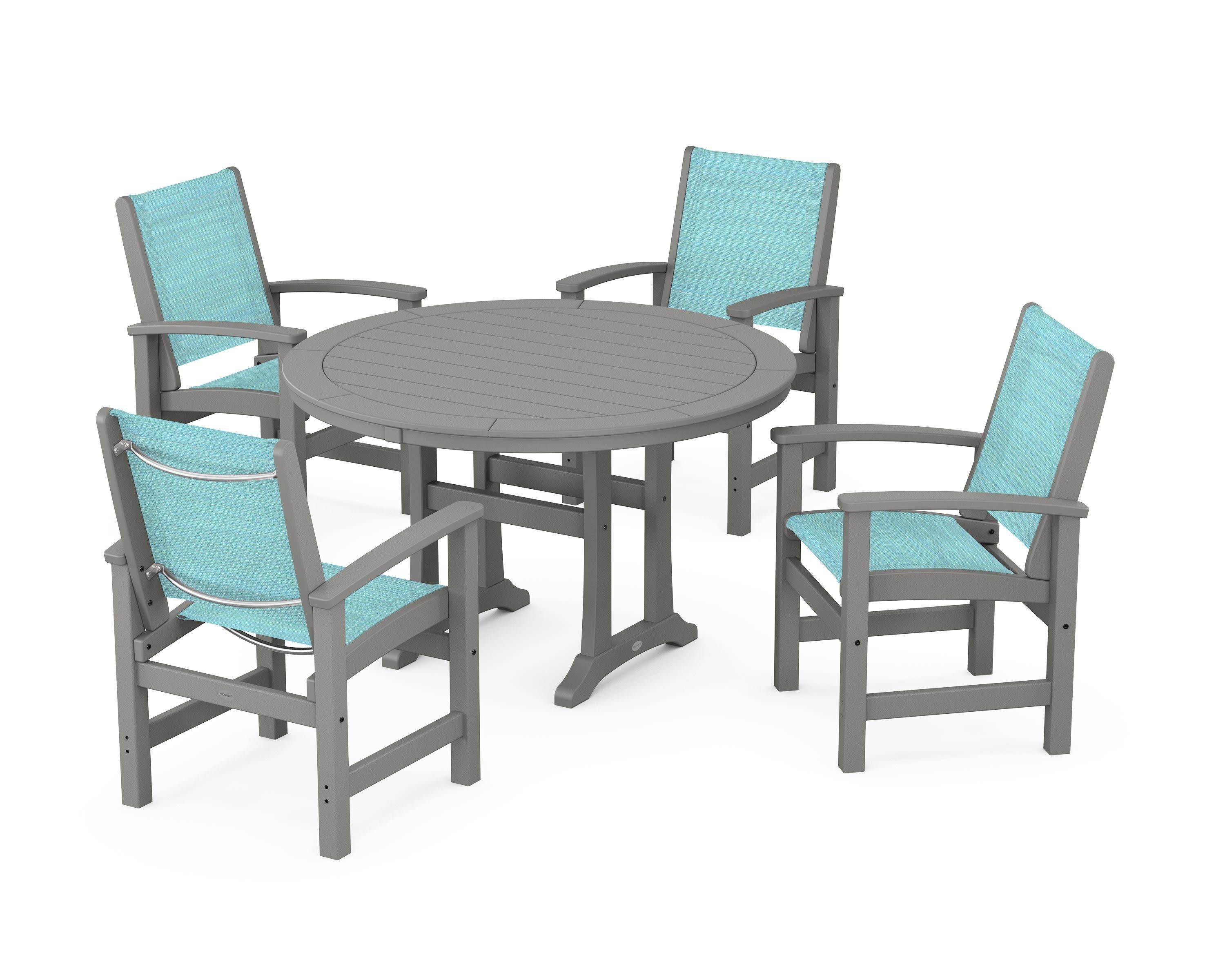 Coastal 5-Piece Round Dining Set with Trestle Legs in Slate Grey / Dupioni Aquamarine Sling