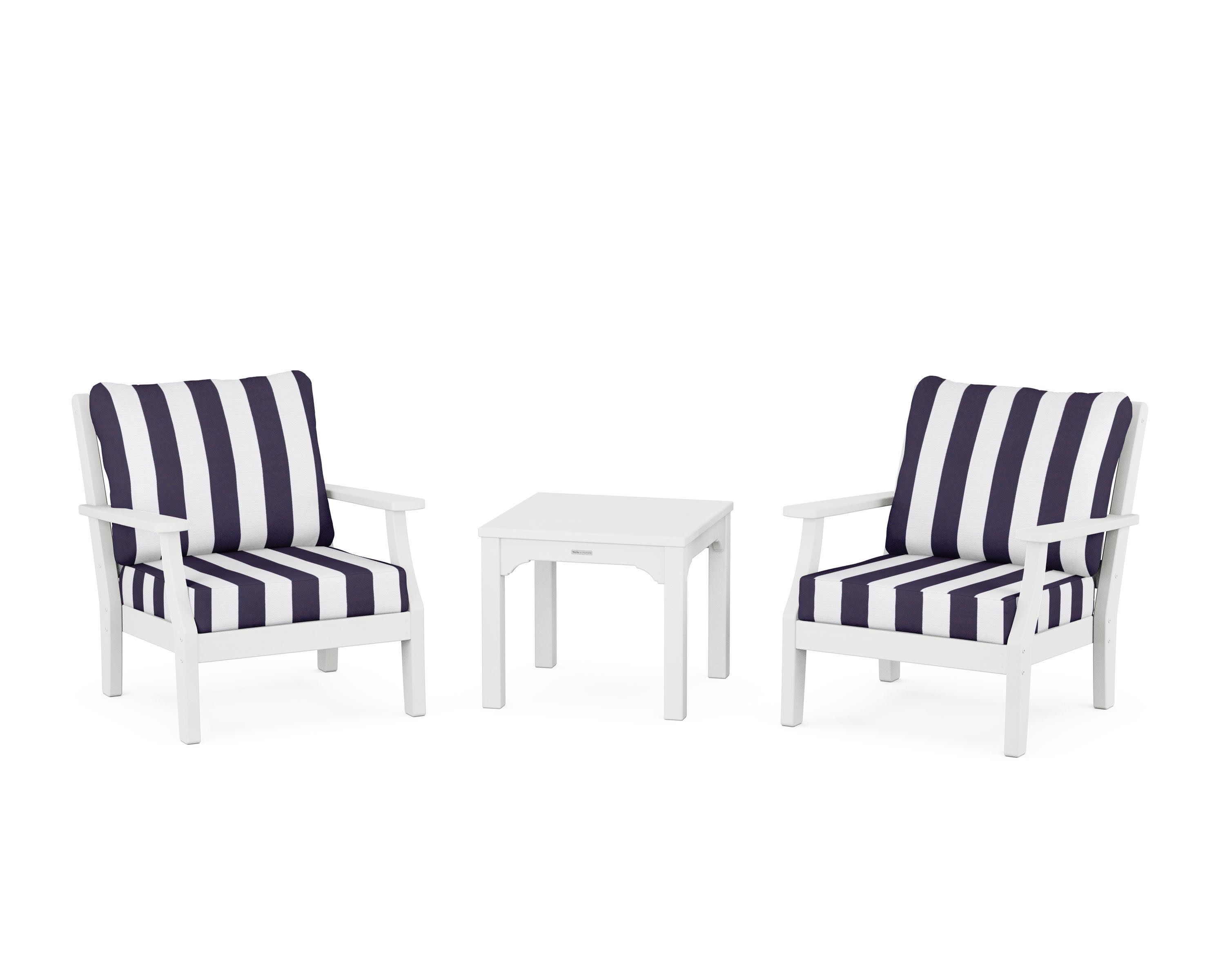Chinoiserie 3-Piece Deep Seating Set in White / Cabana Stripe Navy