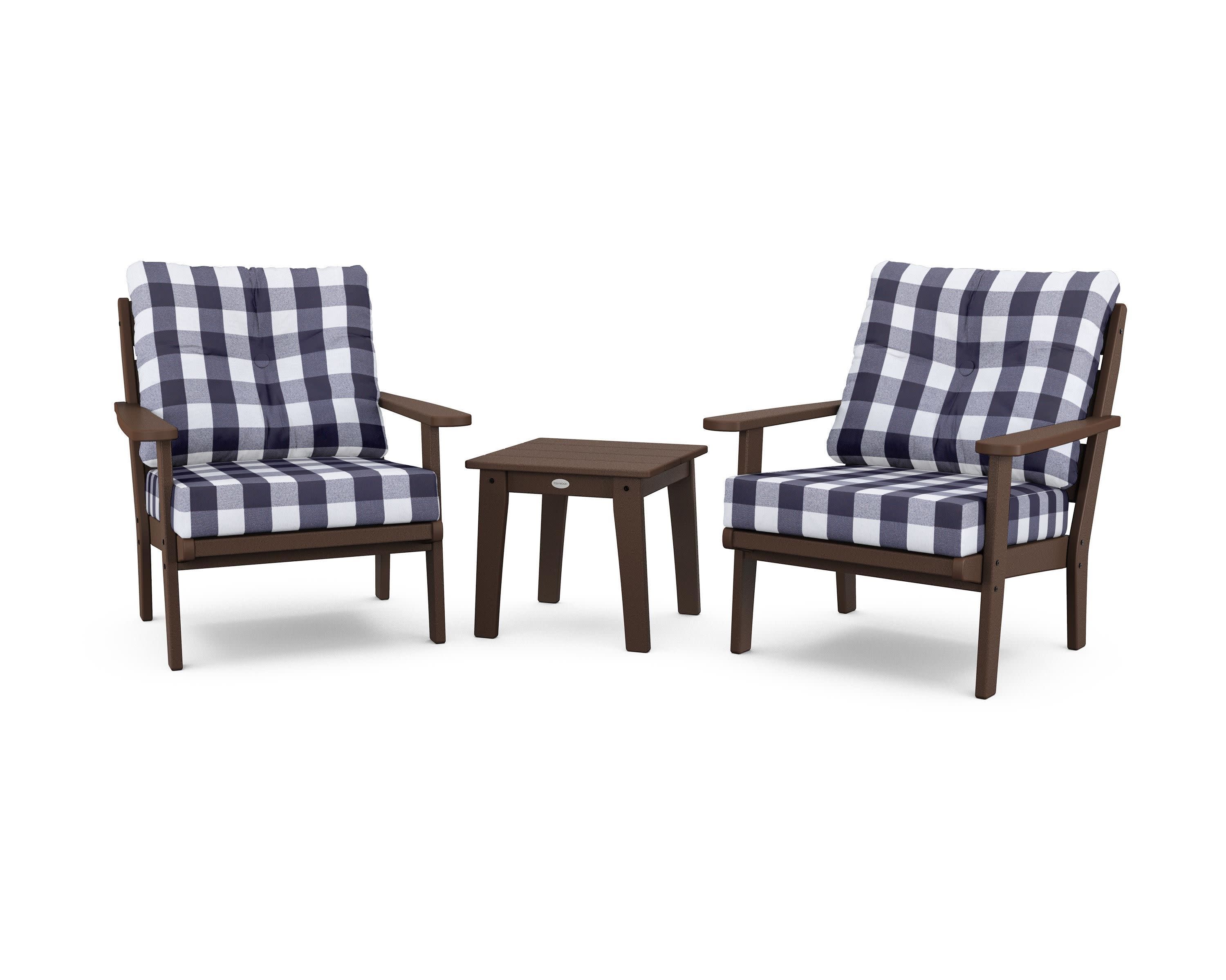 Lakeside 3-Piece Deep Seating Chair Set in Mahogany / Buffalo Plaid Navy