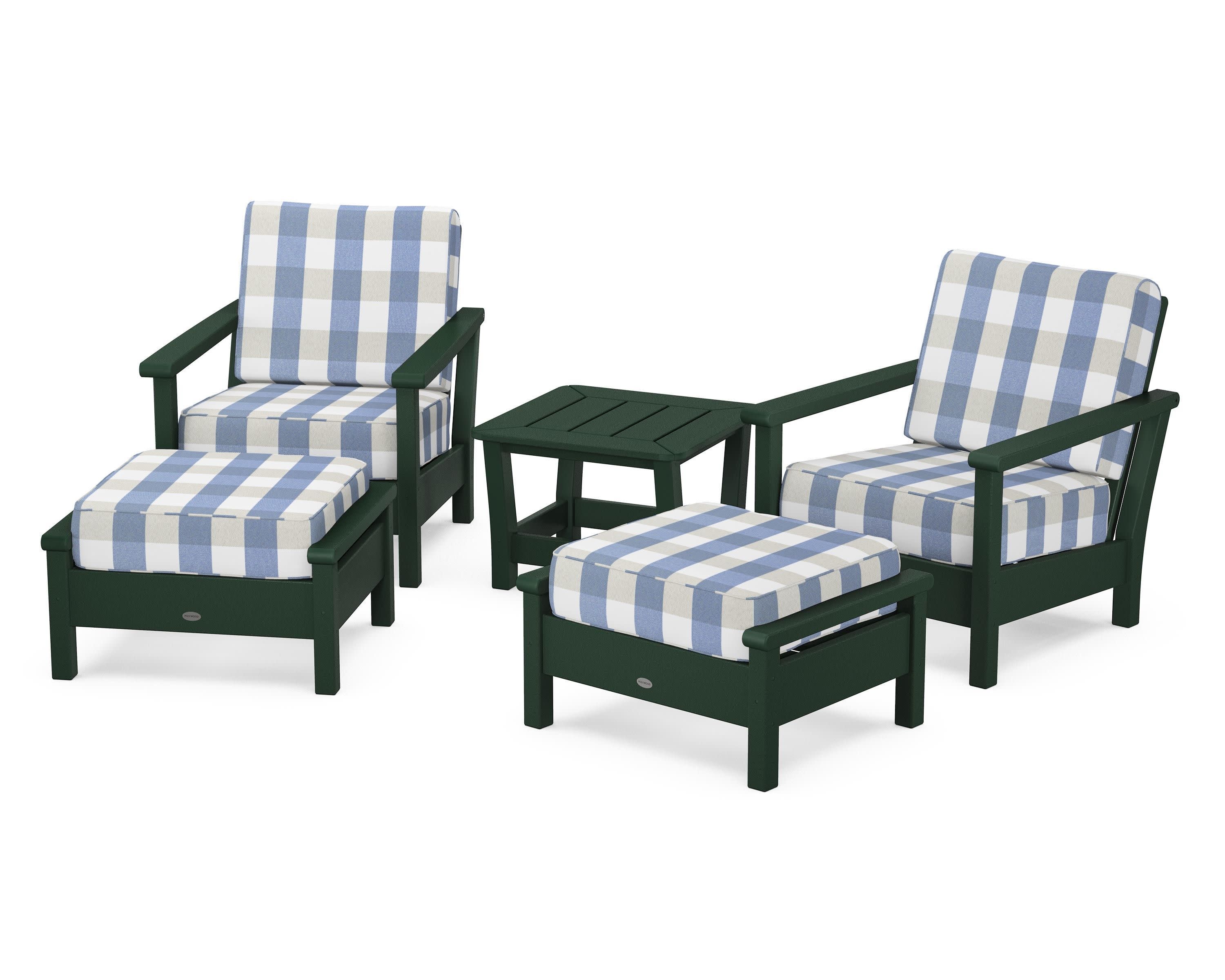 Harbour 5-Piece Deep Seating Chair Set in Green / Buffalo Plaid Sky Blue
