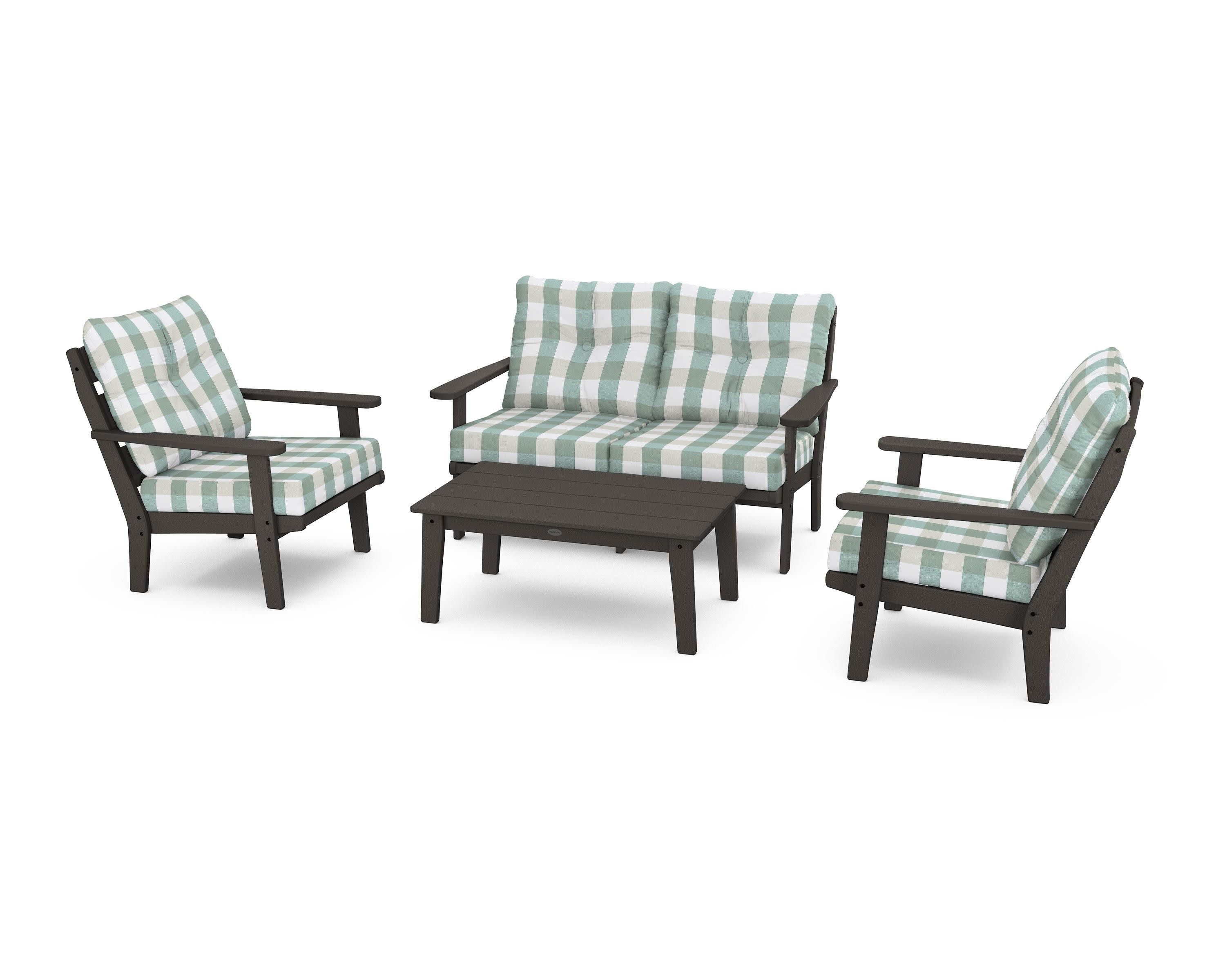 Lakeside 4-Piece Deep Seating Set in Vintage Coffee / Buffalo Plaid Glacier Spa