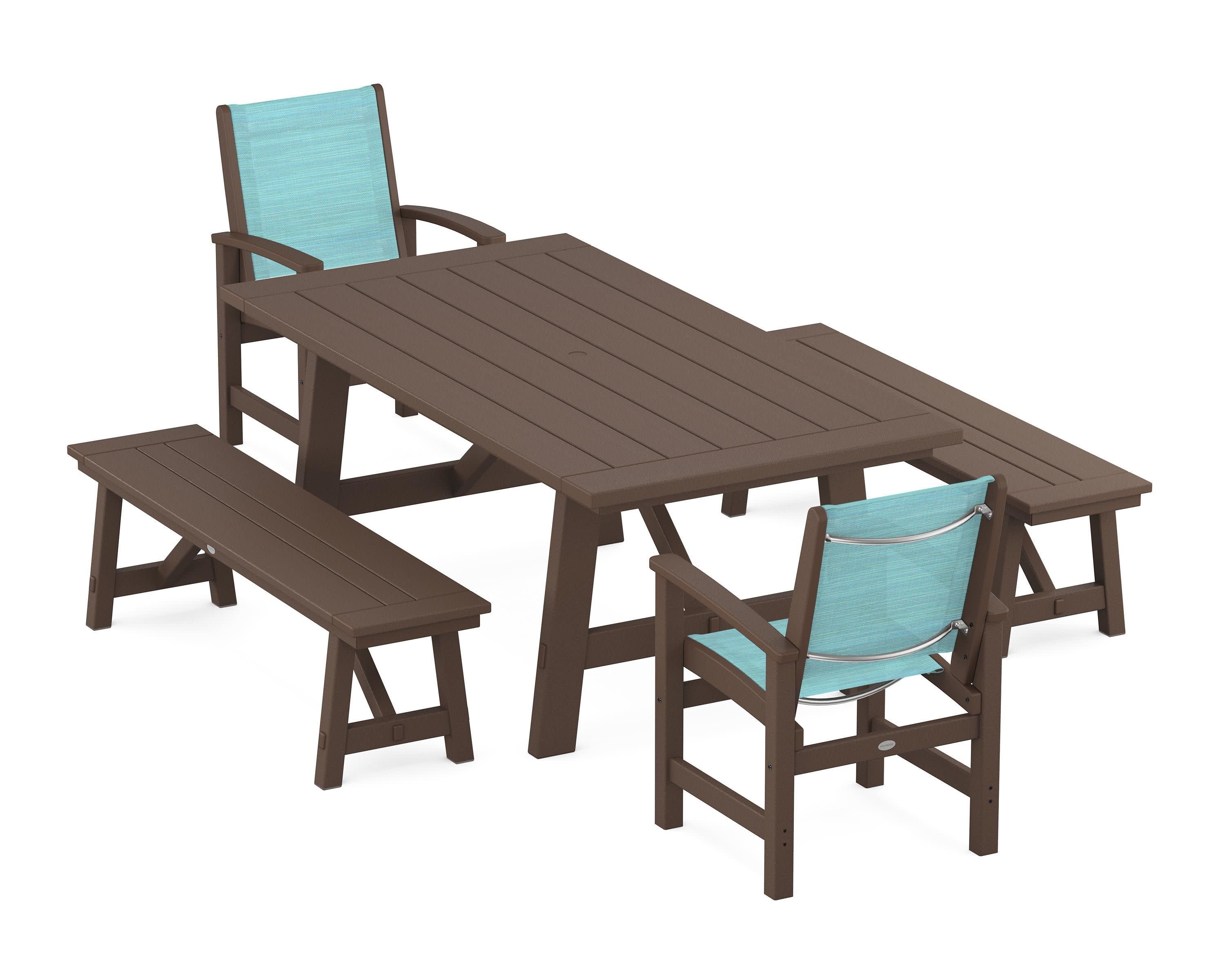 Coastal 5-Piece Rustic Farmhouse Dining Set With Benches in Mahogany / Dupioni Aquamarine Sling