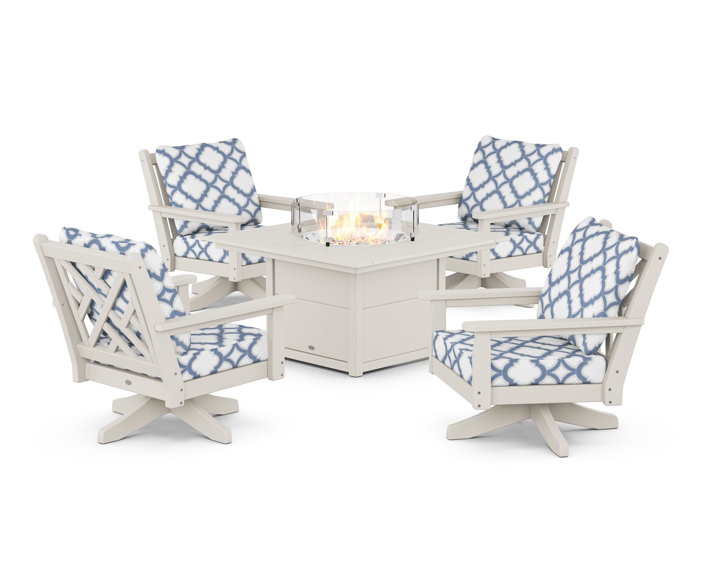 Chippendale 5-Piece Deep Seating Swivel Conversation Set with Fire Pit Table in Sand / Trellis Sky Blue