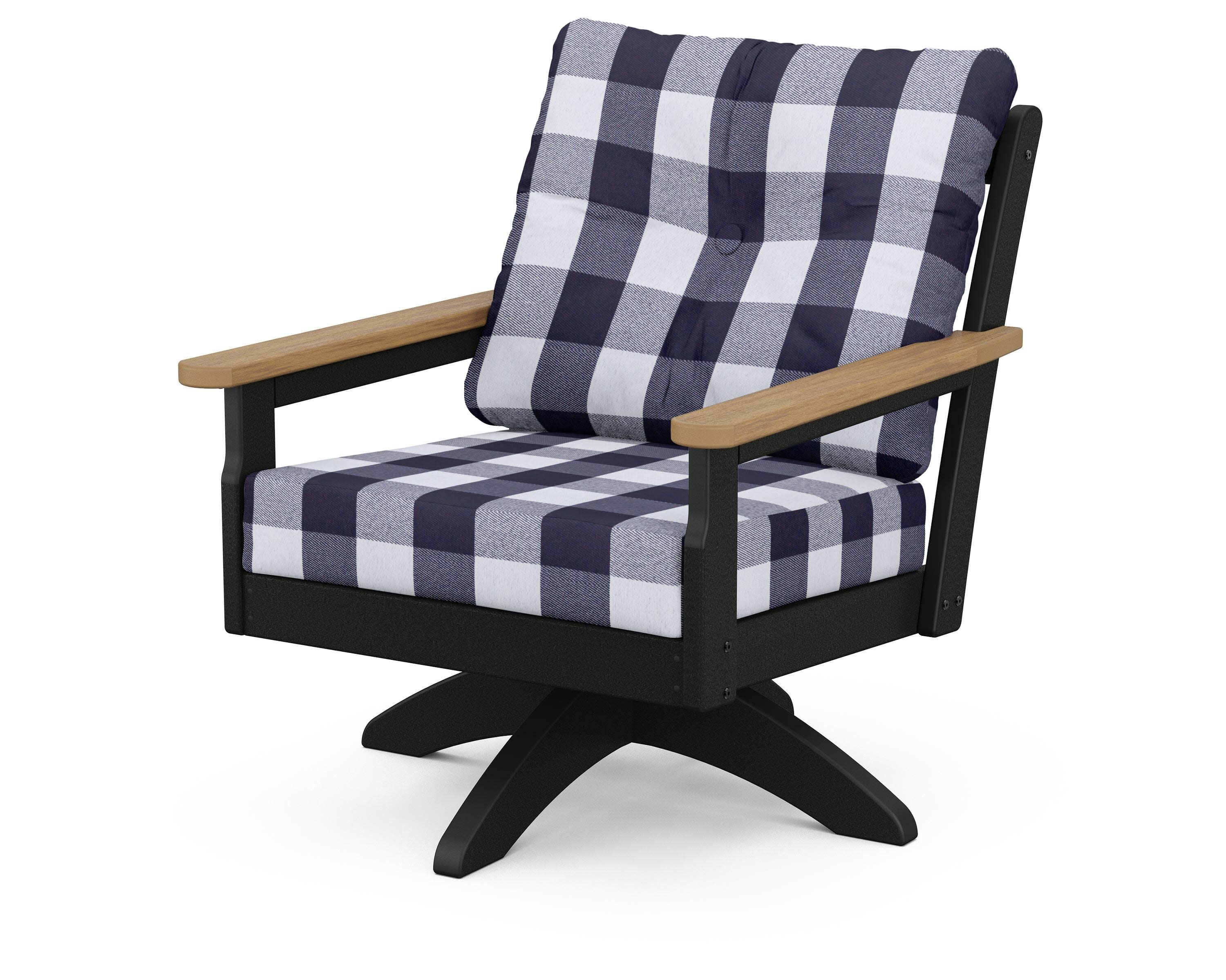 Vineyard Deep Seating Swivel Chair in Black / Natural / Buffalo Plaid Navy